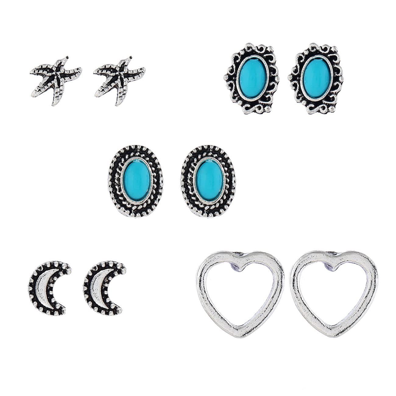 Stylish Women's & Men's Stud Earrings Set - 5 Pairs Round, Peach Heart, Moon, Star & Turquoise Studs for Daily Wear, Gifts & Special Occasions