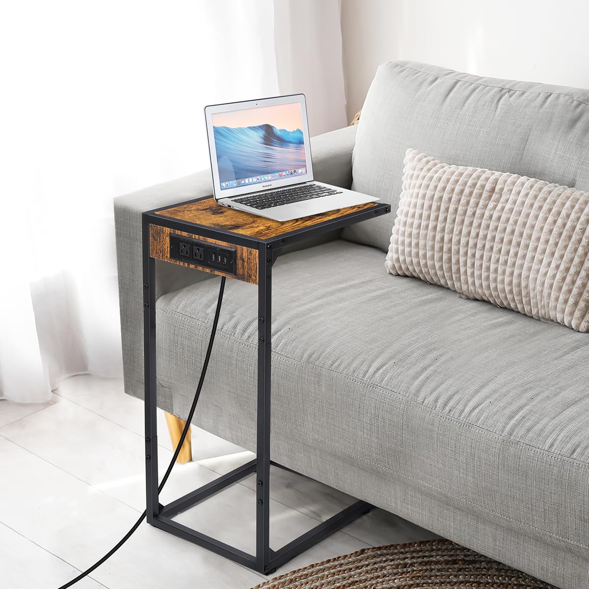2-Piece C-Shaped End Table Set with USB Charging Station & Power Outlets - Snack Side Table for Couch, Living Room & Bedroom - Space-Saving Slide-Under Design (Brown) - Perfect for Small Spaces, Movie Nights & Charging Devices