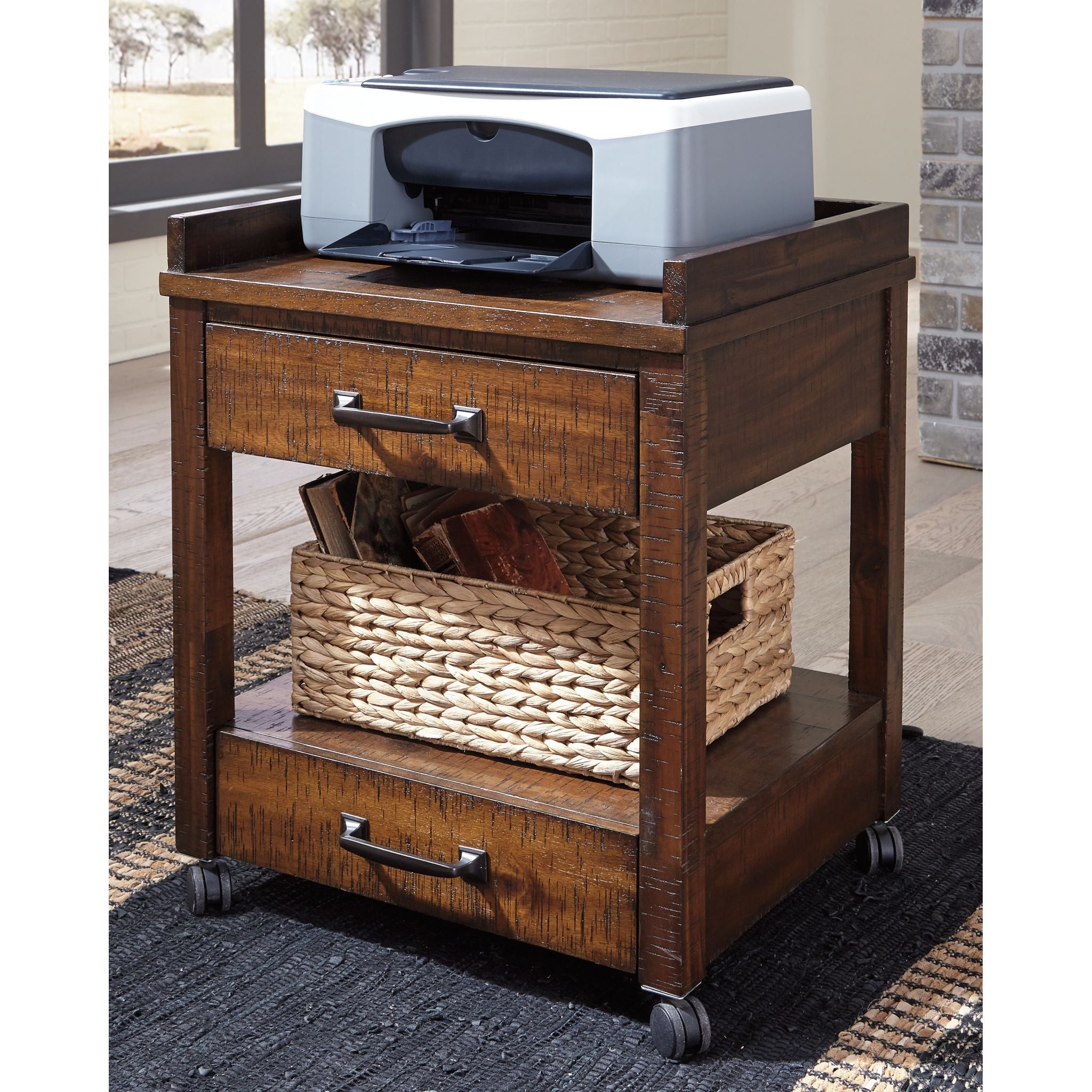 Baldridge Printer Stand - Rustic Brown Wooden Desk Organizer for Home & Office | Compact Printer Riser with Storage Shelf for Laser & Inkjet Printers