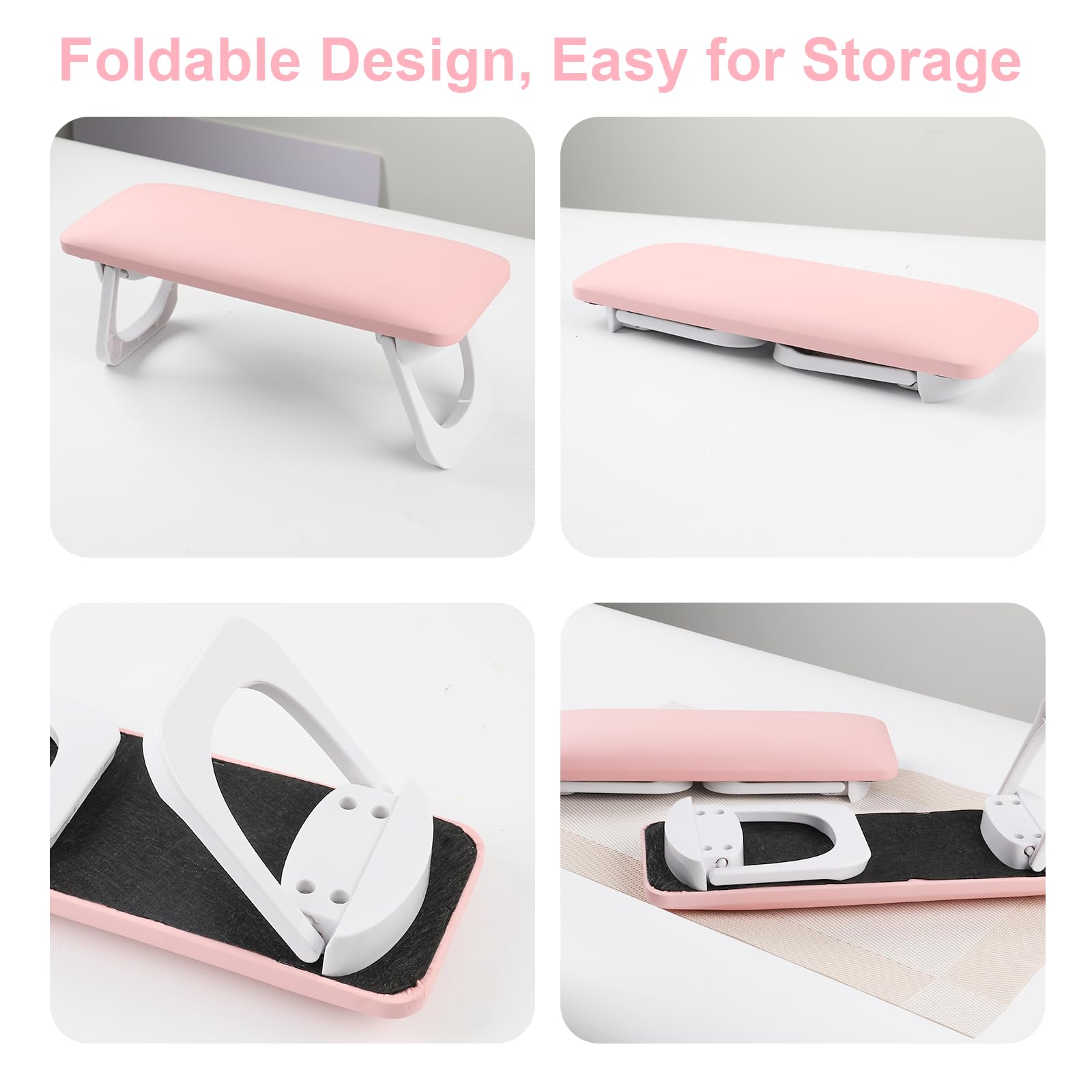 ANGNYA Foldable Nail Arm Rest for Nail Technicians - Pink Manicure Hand Stand with PVC Table Mat & Microfiber Leather - Perfect for Nail Salon, Home Manicures & Professional Nail Art Sessions