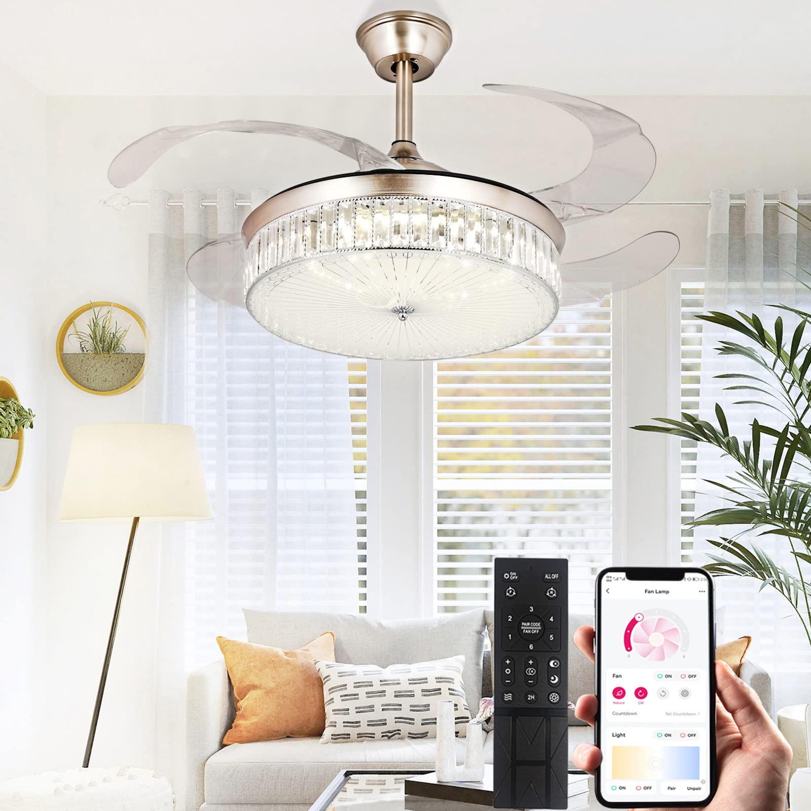 STERREN 42 Inch Crystal Bladeless Ceiling Fan with LED Light - Modern Retractable Flush Mount Low Profile Chandelier Fan with Remote Control - Perfect for Bedroom, Living Room, Dining Room & Office Spaces