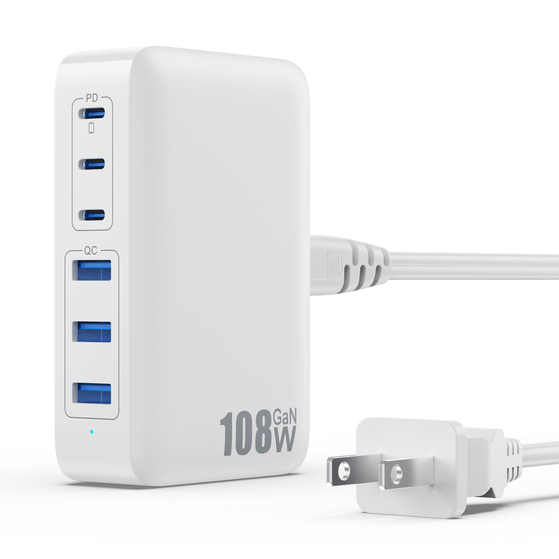 108W GaN III Fast Charging Station - 6 Port USB C Wall Charger (3xQC+3xPD) for iPhone 16/15/14/13/12 Pro Max, iPad, Samsung Galaxy & Pixel - Includes 5ft White Cord | Compact Travel Charger for Home, Office & Hotel Use