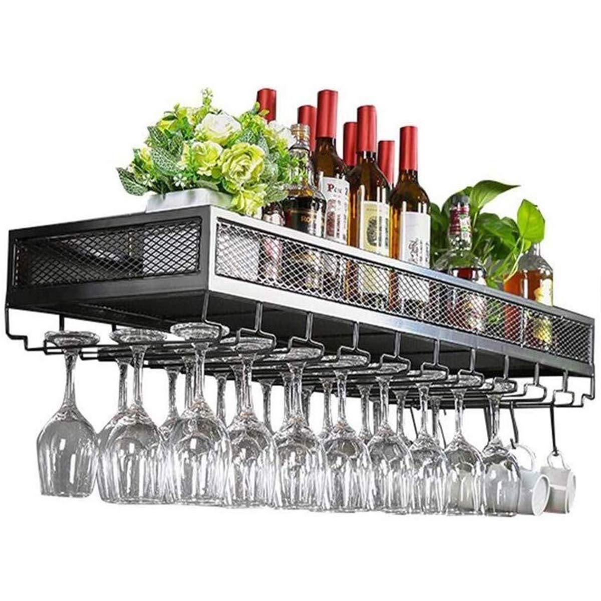 Vintage Wall Wine Rack - Black Floating Shelf for Bottles & Glasses - 60x35cm - Bar & Kitchen Storage