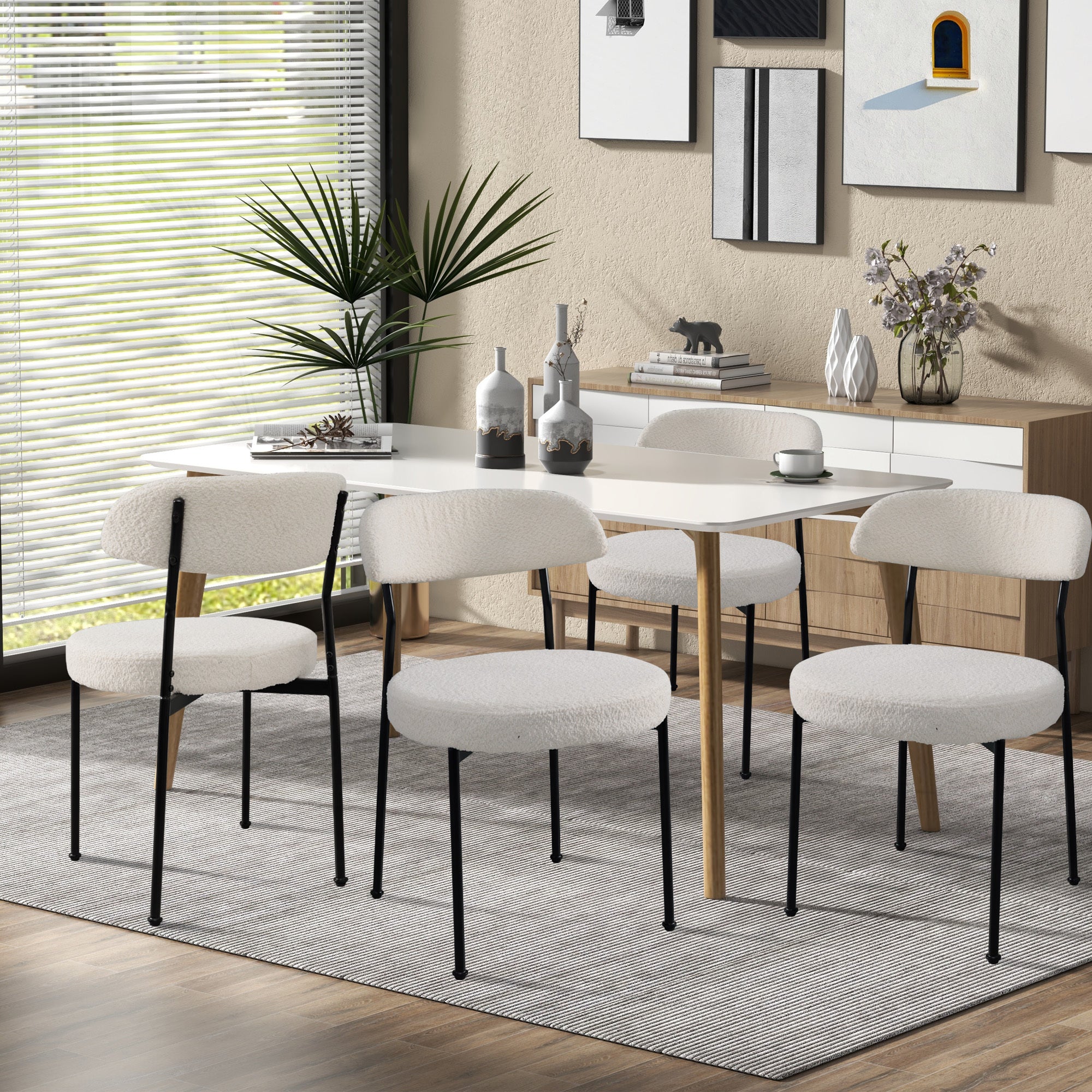 Boucle Upholstered Dining Chairs Set of 4 - Curved Backrest & Metal Legs, Beige Modern Kitchen Chairs for Dining Room, Restaurant, or Cafe