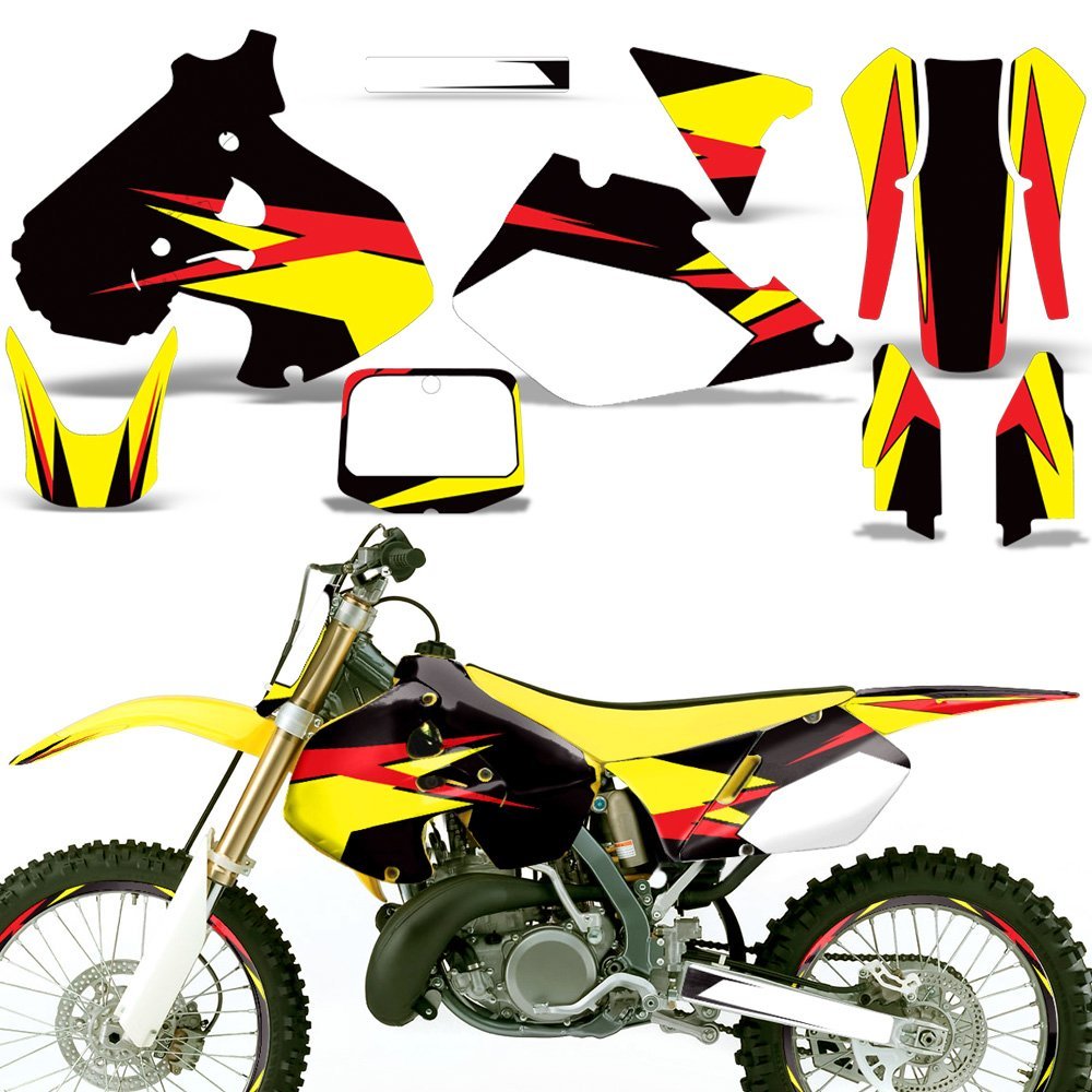 MX Dirt Bike Graphics Kit Sticker Decal with Rim Trim & Number Plates for Suzuki RM 1999-2000 - Yellow Red Black Design | Off-Road Motocross Customization & Racing Accessories