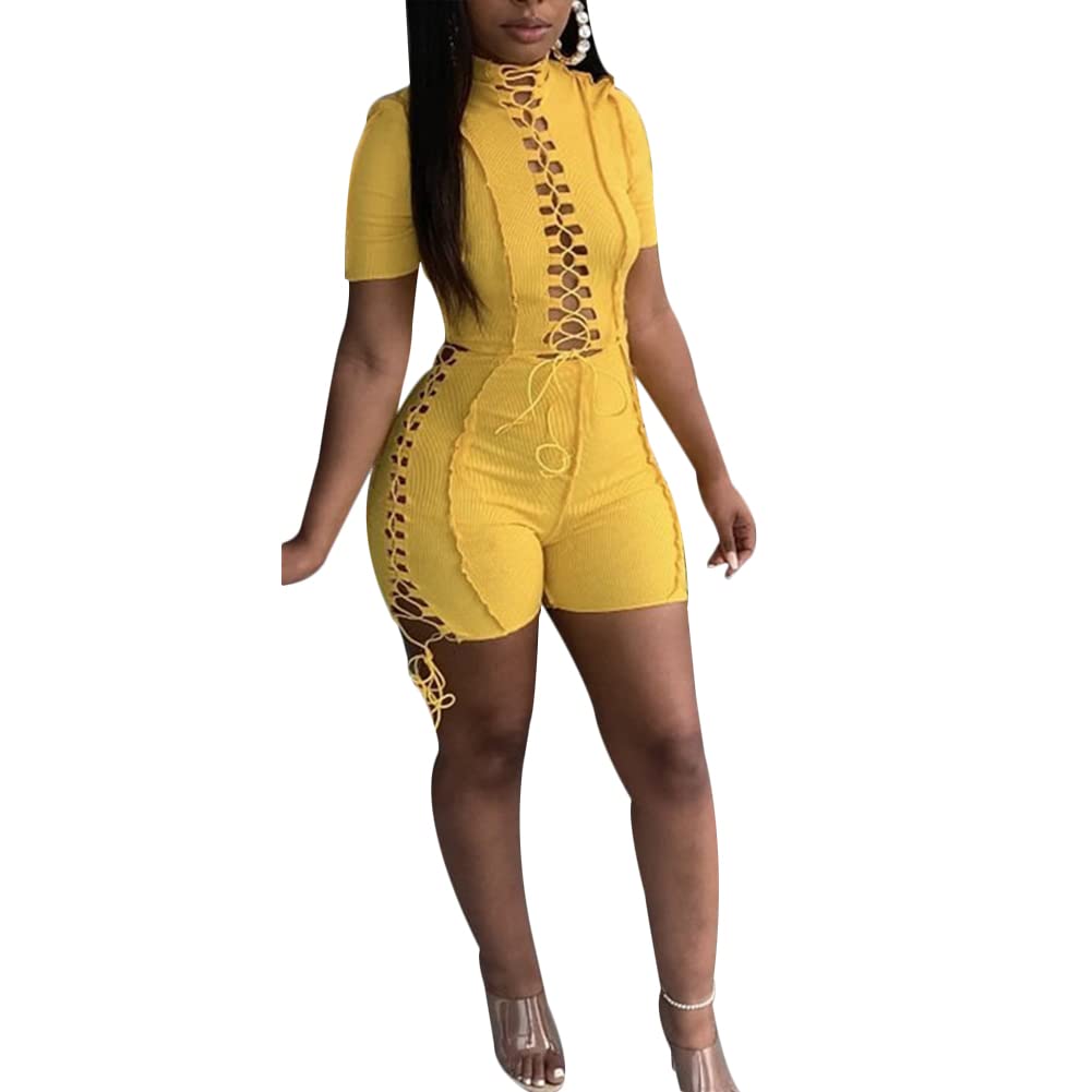 Sexy Women's Bodycon Jumpsuit - Cut Out Design with Drawstring Waist & Lace Up Detail | Short Sleeve Bandage Romper for Night Out, Party or Club Wear | Fashion Patchwork Playsuit Outfit