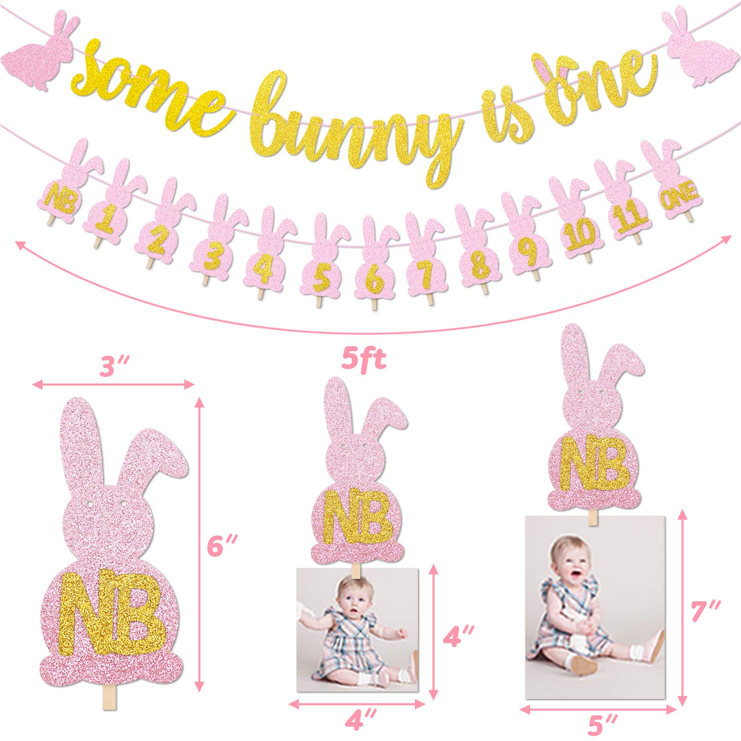 Some Bunny is One Banner Kit - Easter Bunny 1st Birthday Decorations with 12 Months Photo Banner - Spring Easter Rabbit Themed Milestone Banner for Baby Girls - Perfect for 1st Birthday Parties, Easter Celebrations & Monthly Photo Shoots