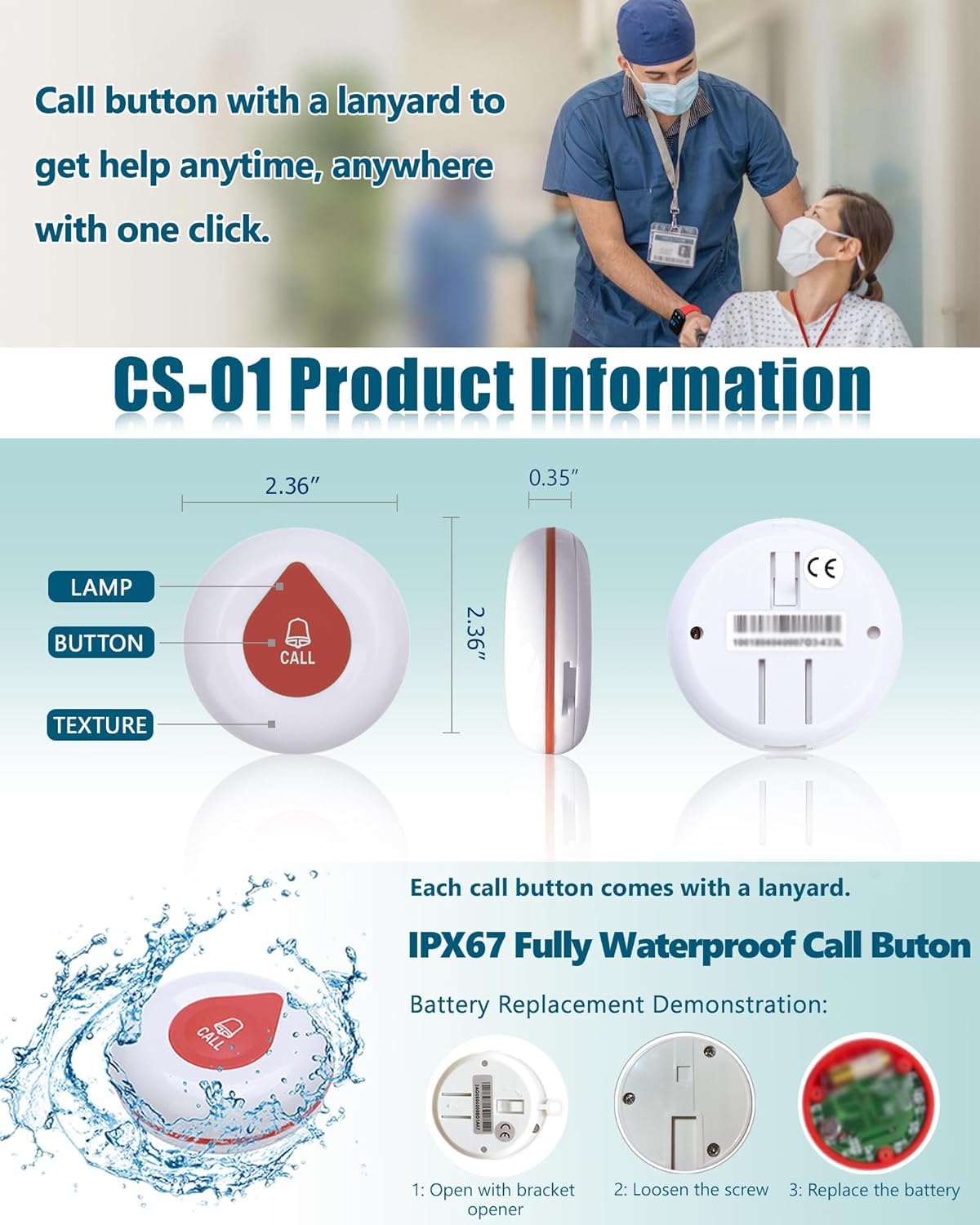 Wireless Caregiver Pager System with 1 Display Receiver & Remote Control - 1200+ ft Range, 10 Waterproof Call Buttons for Nursing Homes, Clinics, Hospitals (Ideal for Elderly Care, Patient Monitoring & Emergency Alerts)