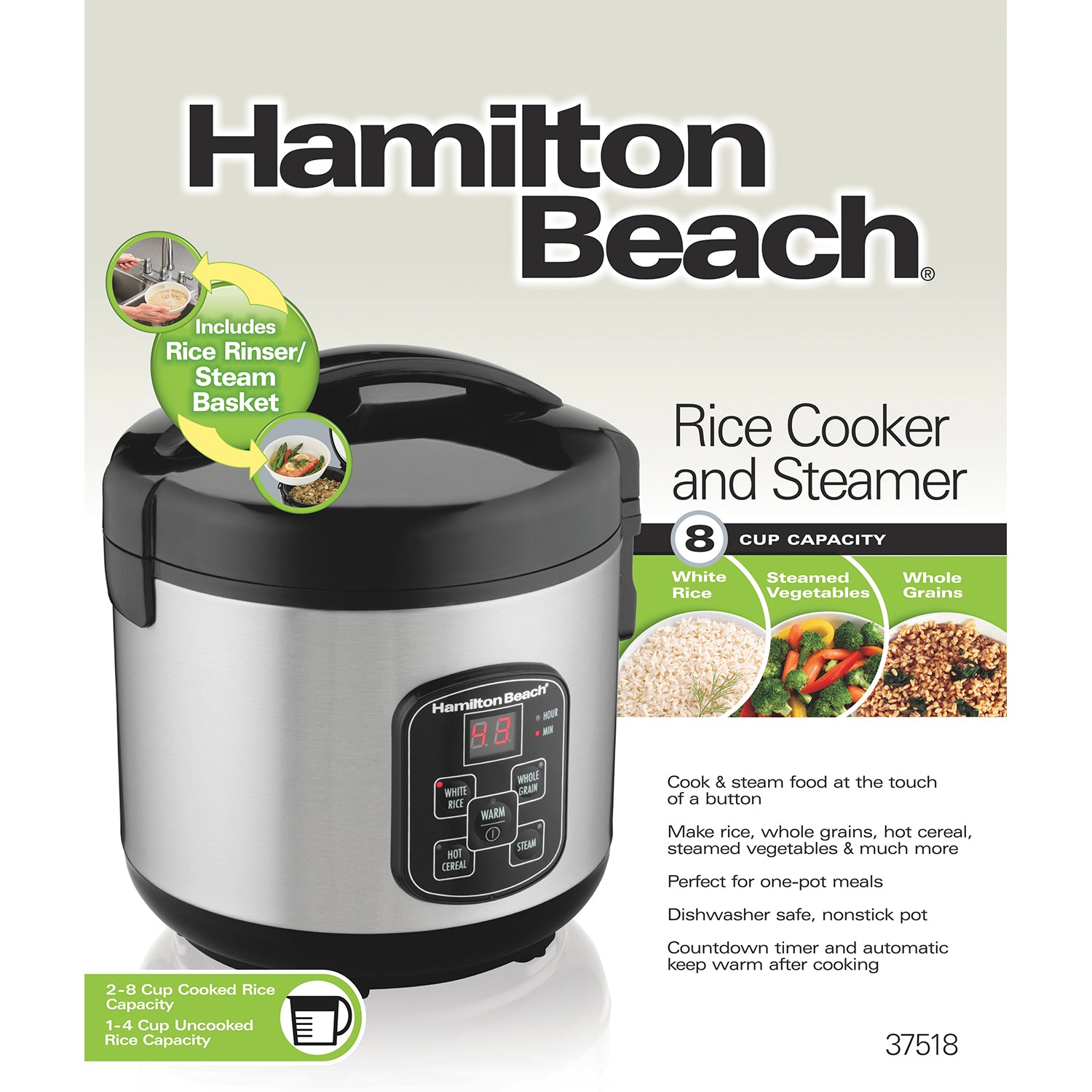 Hamilton Beach 8-Cup Digital Rice Cooker & Food Steamer - Perfect for Rice, Grains, and Healthy Meals (Model 37518) | Ideal for Family Dinners & Meal Prep