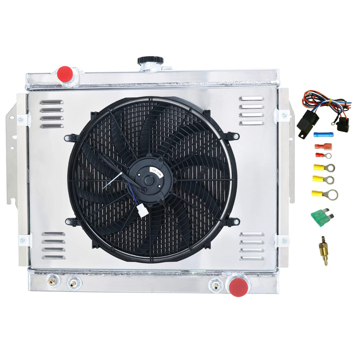 High-Performance Aluminum Radiator for Dodge CB300 D100 D150 D200 D250 D300 D350 Ramcharger RD200 W100 W150 W200 W250 W300 W350 V6 V8 (1979-1993) - 3 Row Cooling System with Electric Fan Shroud & Thermostat Kit - Perfect for Off-Roading, Towing & Hot Weather Driving
