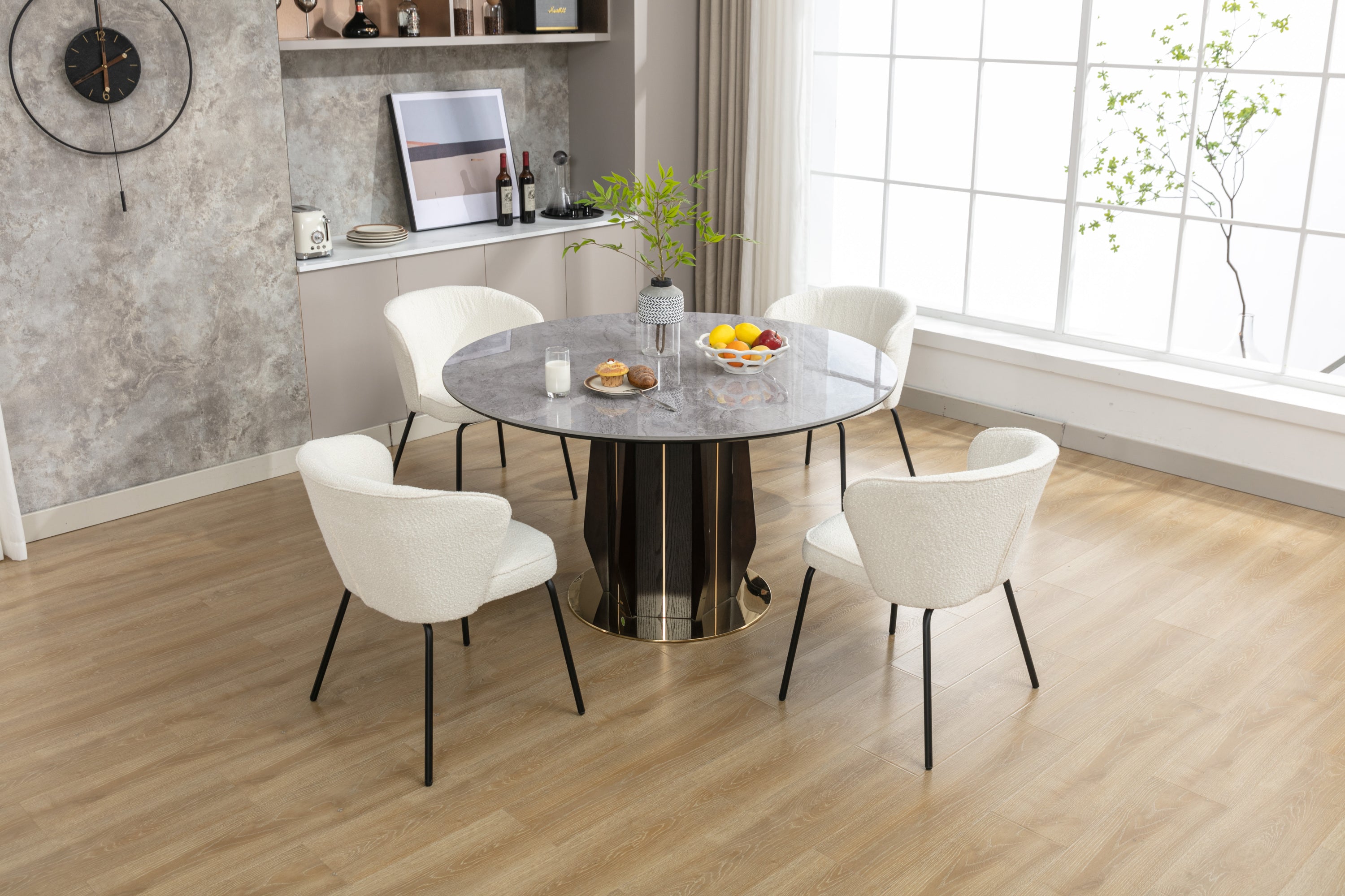 Boucle Fabric Dining Chairs Set of 2 with Black Metal Legs in Ivory - Modern Comfortable Kitchen & Dining Room Seating for Home & Office