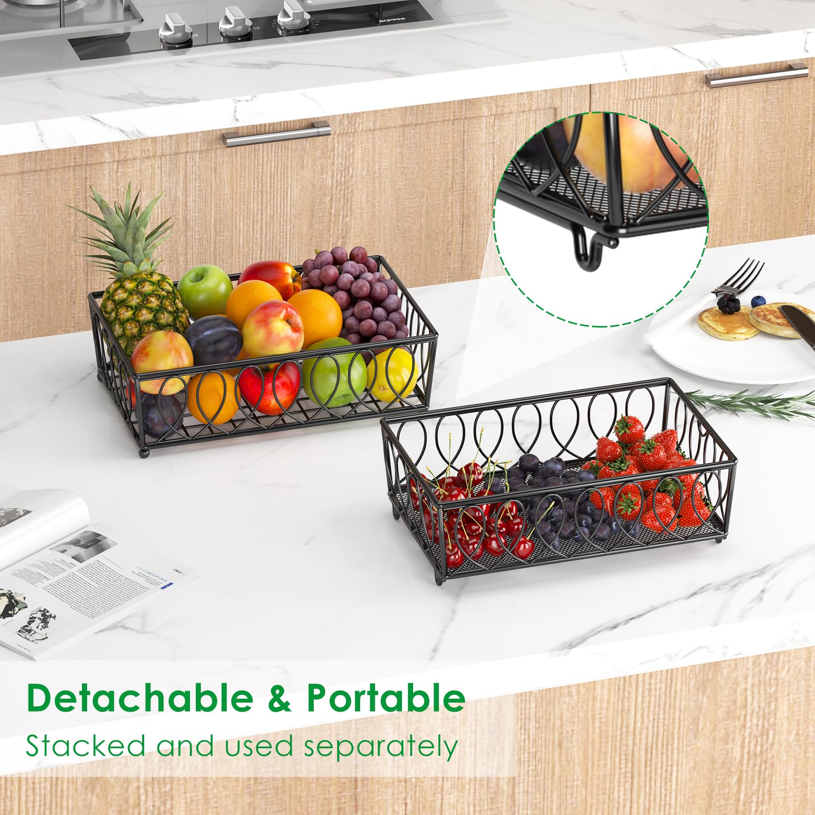 2-Tier Countertop Fruit Basket & Bread Bowl - 13.8-Inch Black Wire Storage Basket for Kitchen, Vegetables, Potatoes, Onions | Perfect for Pantry Organization & Countertop Display