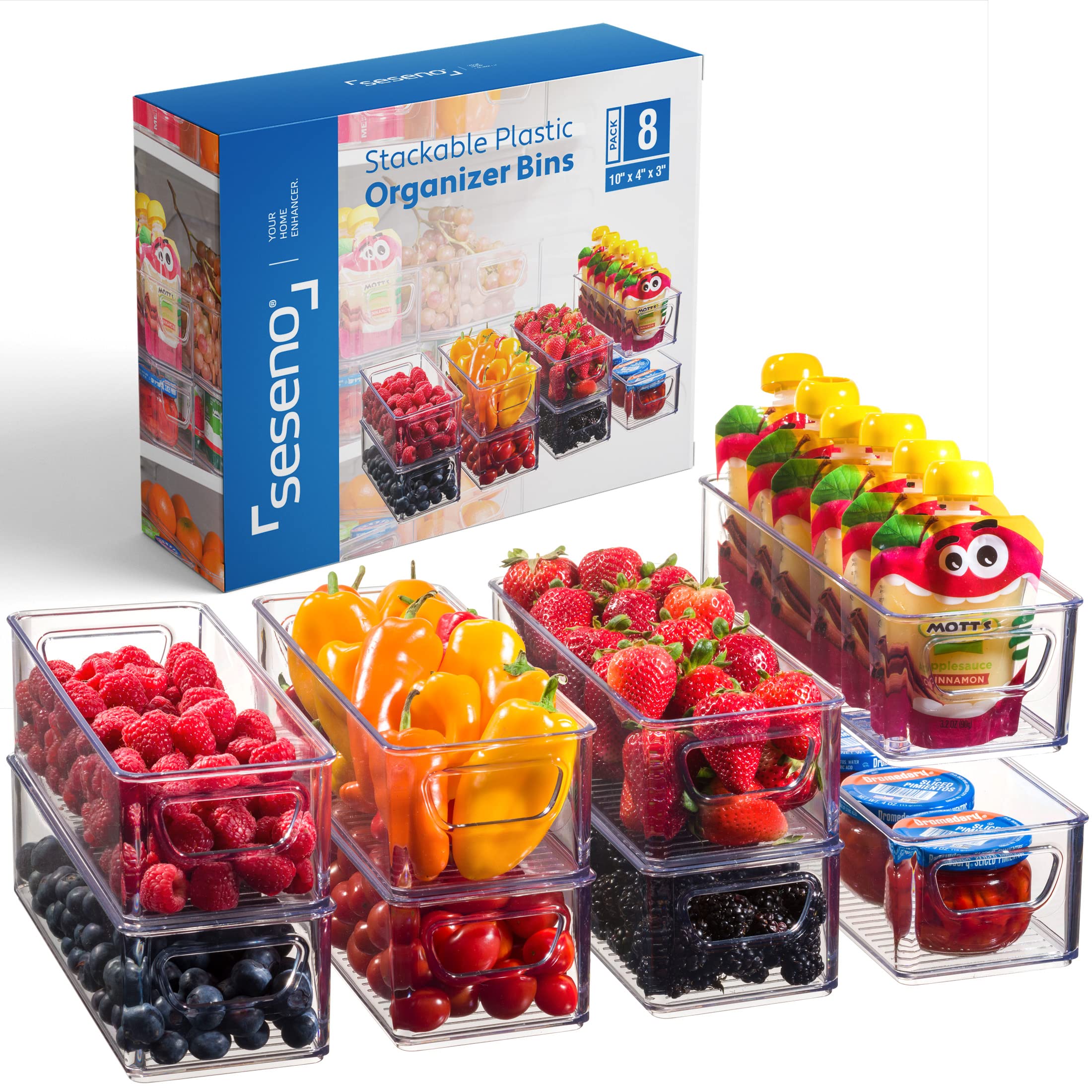 8-Pack Stackable Refrigerator Organizer Bins with Handles - Clear Plastic Food Storage Containers for Fridge, Freezer, Pantry & Kitchen Cabinets - Perfect for Organizing Fruits, Vegetables, Snacks and Leftovers