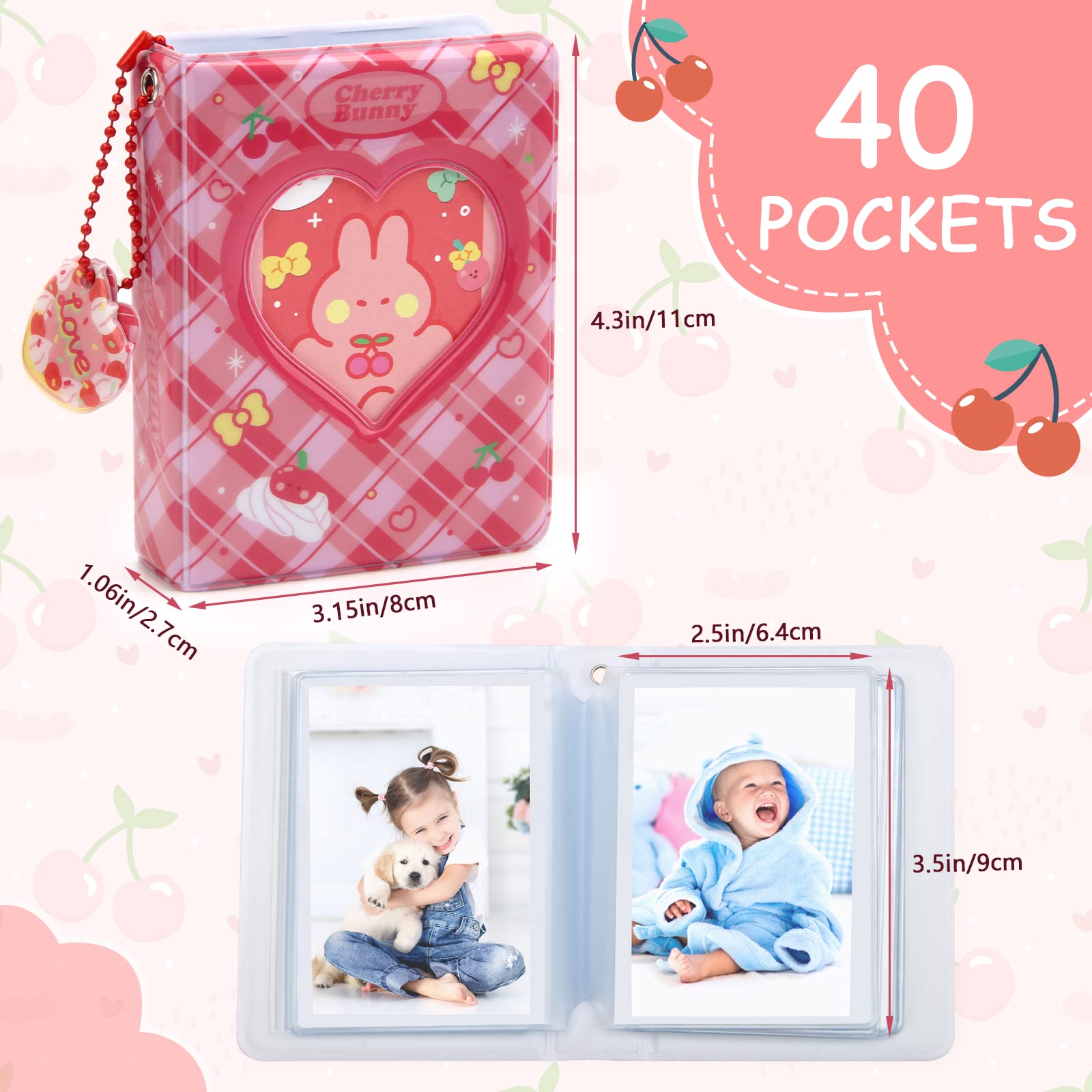 3 Inch Mini Photo Album - 40 Pocket Kpop Photocard Holder with Heart Cherry Pendant & Rabbit Card | Cute Hollow Out Binder for Collecting Pictures (Red) | Perfect for Kpop Fans, Memory Keeping, and Gift Giving