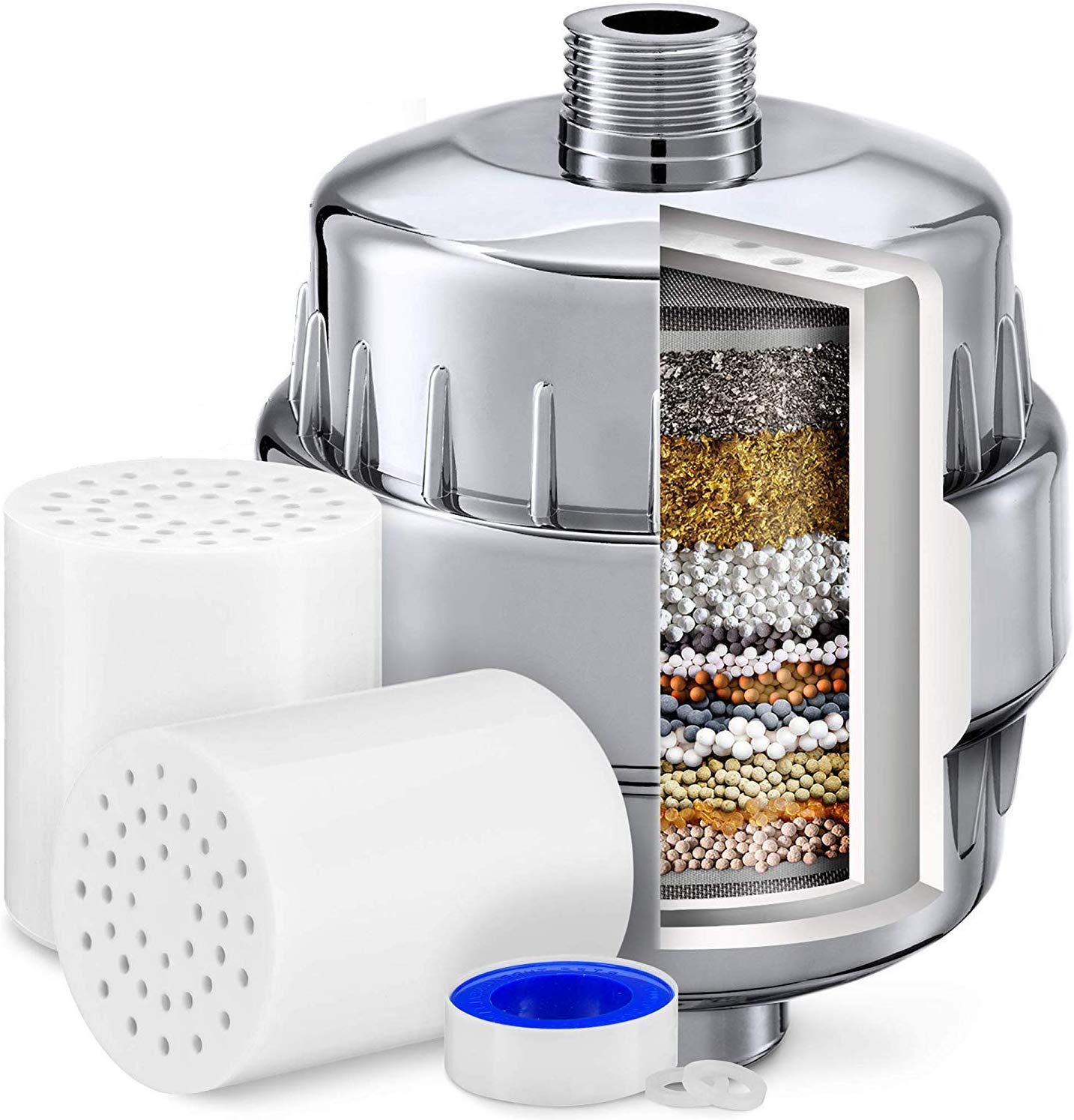 Luxau 15-Stage Shower Head Filter for Hard Water - Chlorine Removal & Water Softener Purifier with 2 Replacement Cartridges - Universal Fit for Handheld, Fixed & Rainfall Showerheads (Chrome) - Perfect for Dry Skin, Hair Care & Sensitive Skin Protection