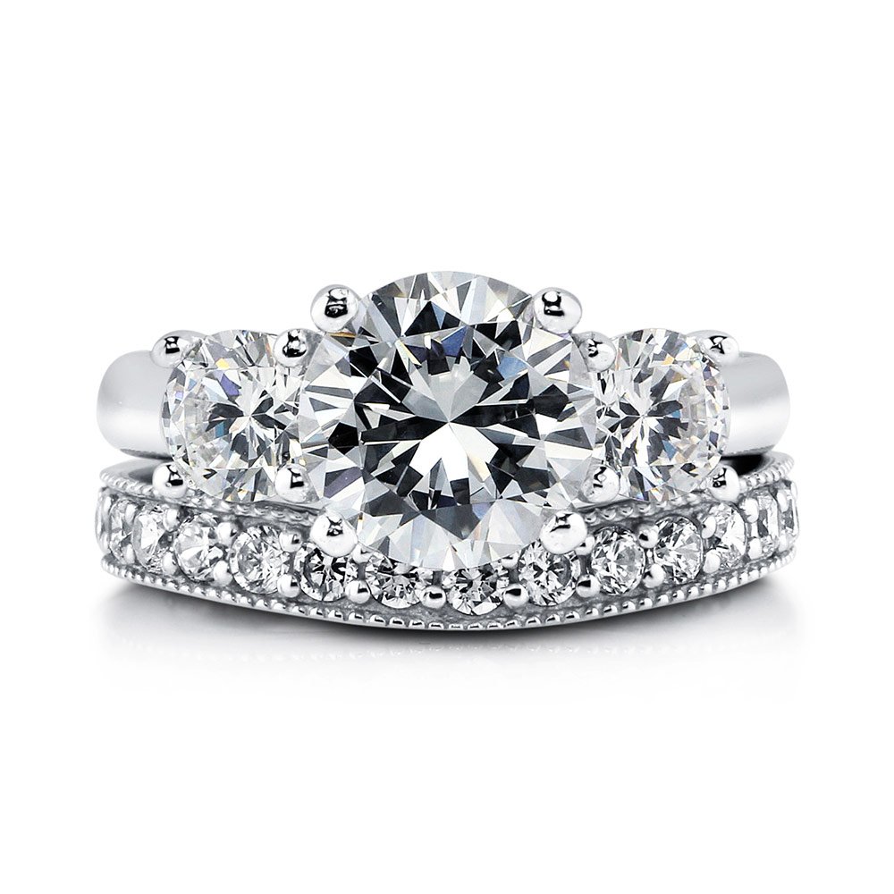 BERRICLE Sterling Silver 3-Stone Wedding & Engagement Ring Set for Women - 2.4 Carat Round Cut Cubic Zirconia CZ, Rhodium Plated, Sizes 4-10 | Perfect for Proposals, Anniversaries & Special Occasions