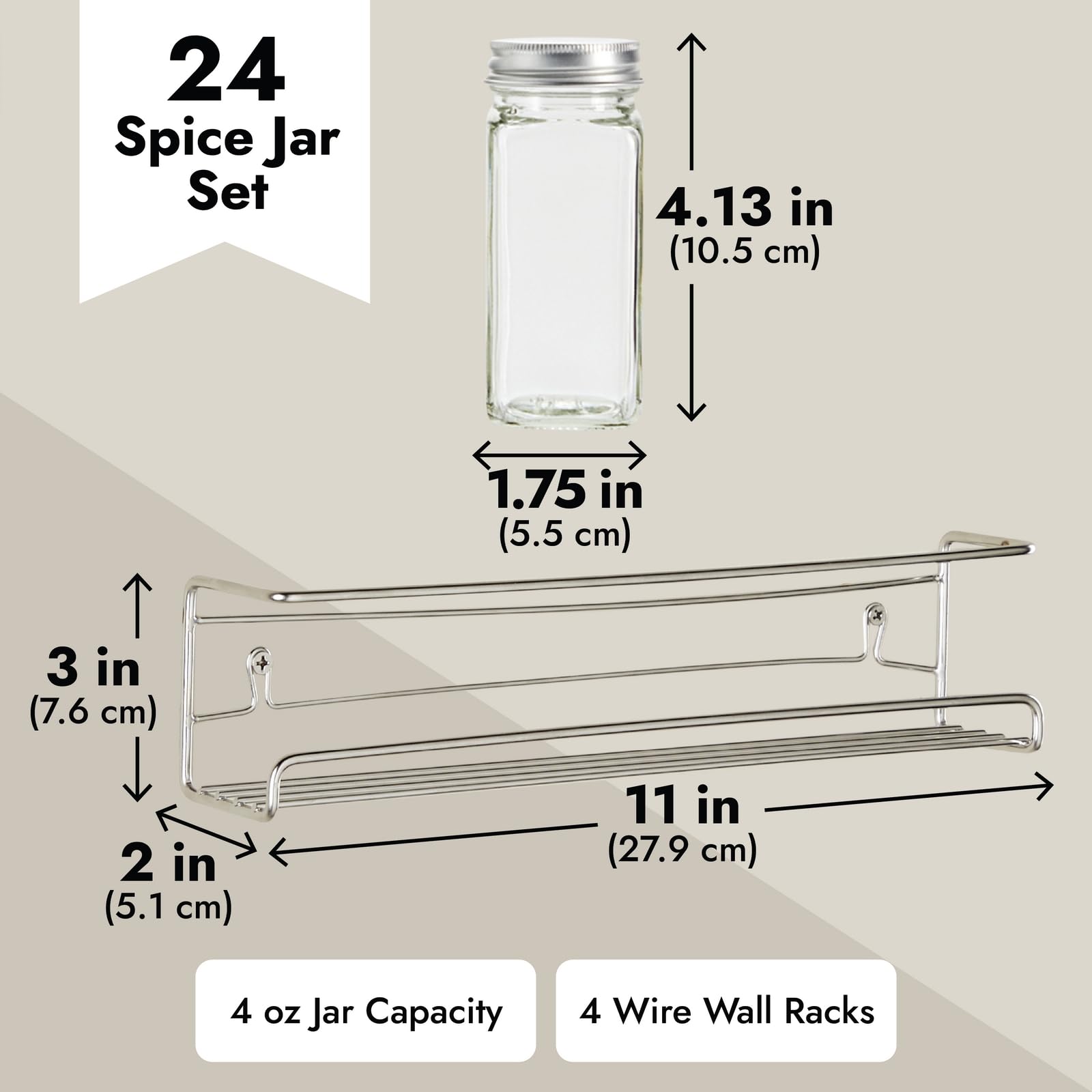 Talented Kitchen 4-Tier Stainless Steel Spice Rack Organizer - Wall Mount & Cabinet Door Storage with 24 Glass Spice Jars (4oz) & 269 Preprinted Seasoning Labels (2 Styles) - Perfect for Kitchen Organization & Spice Storage