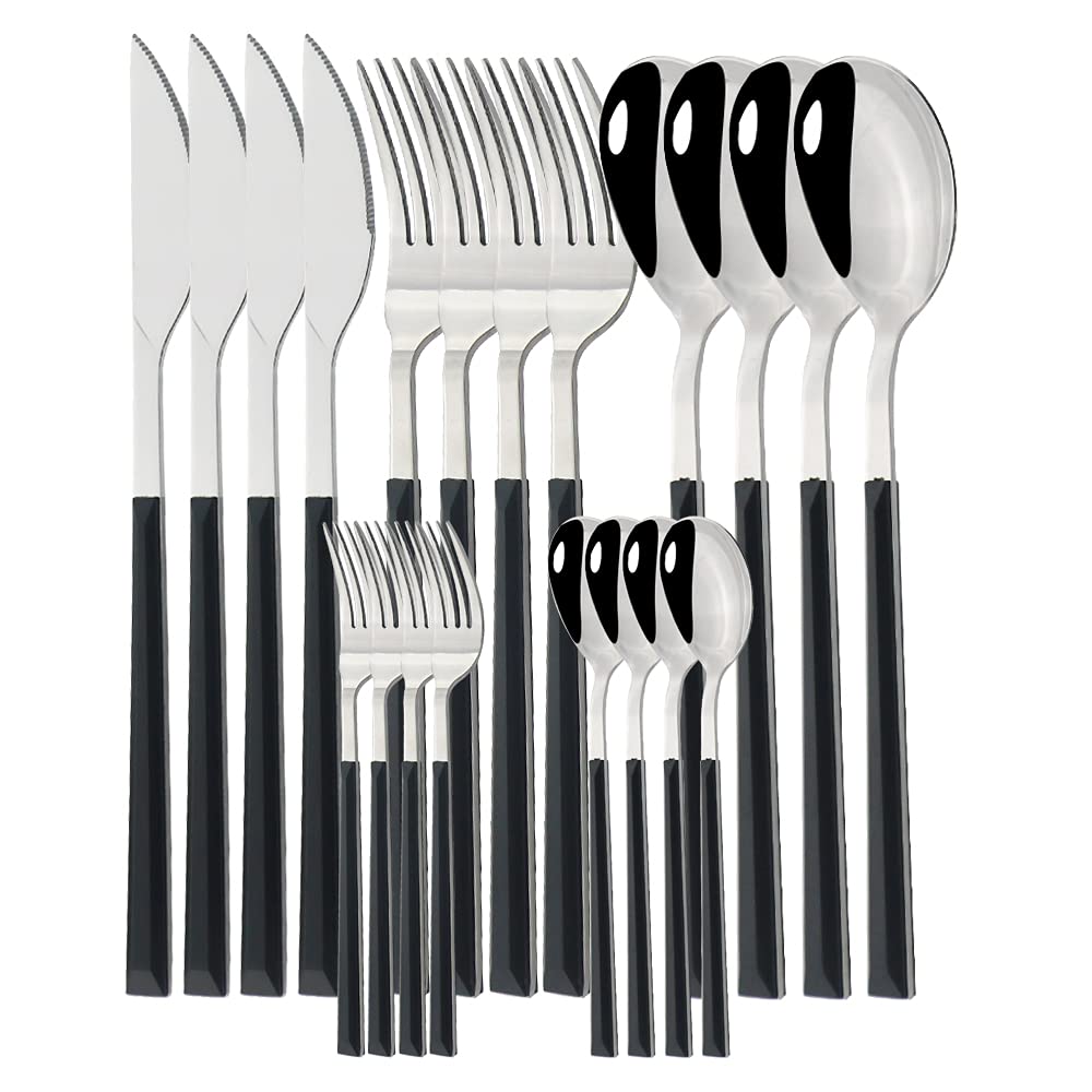 20-Piece Stainless Steel Silverware Set with Wooden Handles - Western Flatware Dinnerware Cutlery Set Includes Dinner Knives, Cake Forks, Spoons & Teaspoons - Elegant Black & Silver Finish - Perfect for Formal Dining, Wedding Gifts & Restaurant Use
