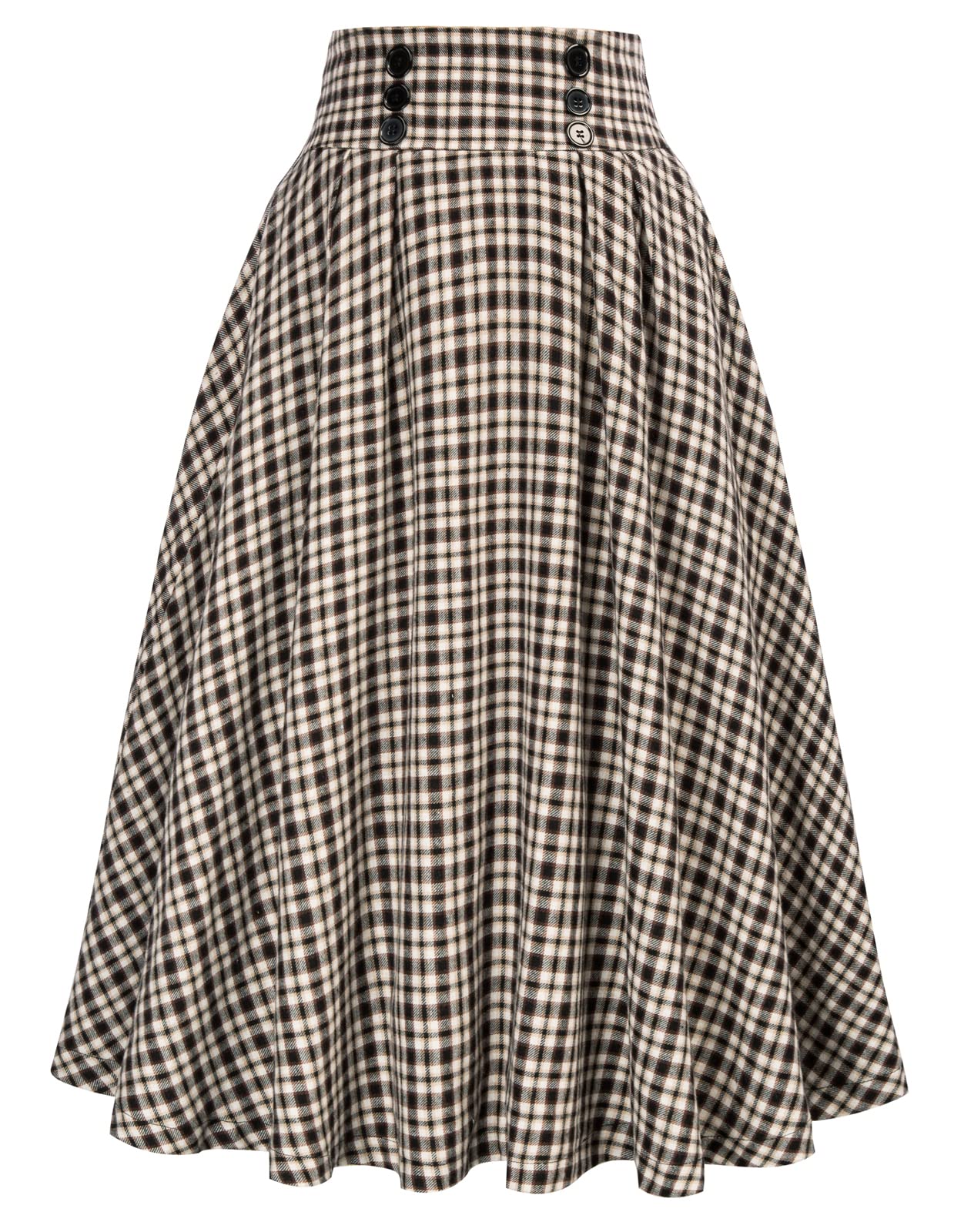 Belle Poque Women's Vintage High Waist Plaid Pleated Skirt with Pockets - Retro A-Line Midi Skirt for Office, School & Casual Outfits (BPA020)
