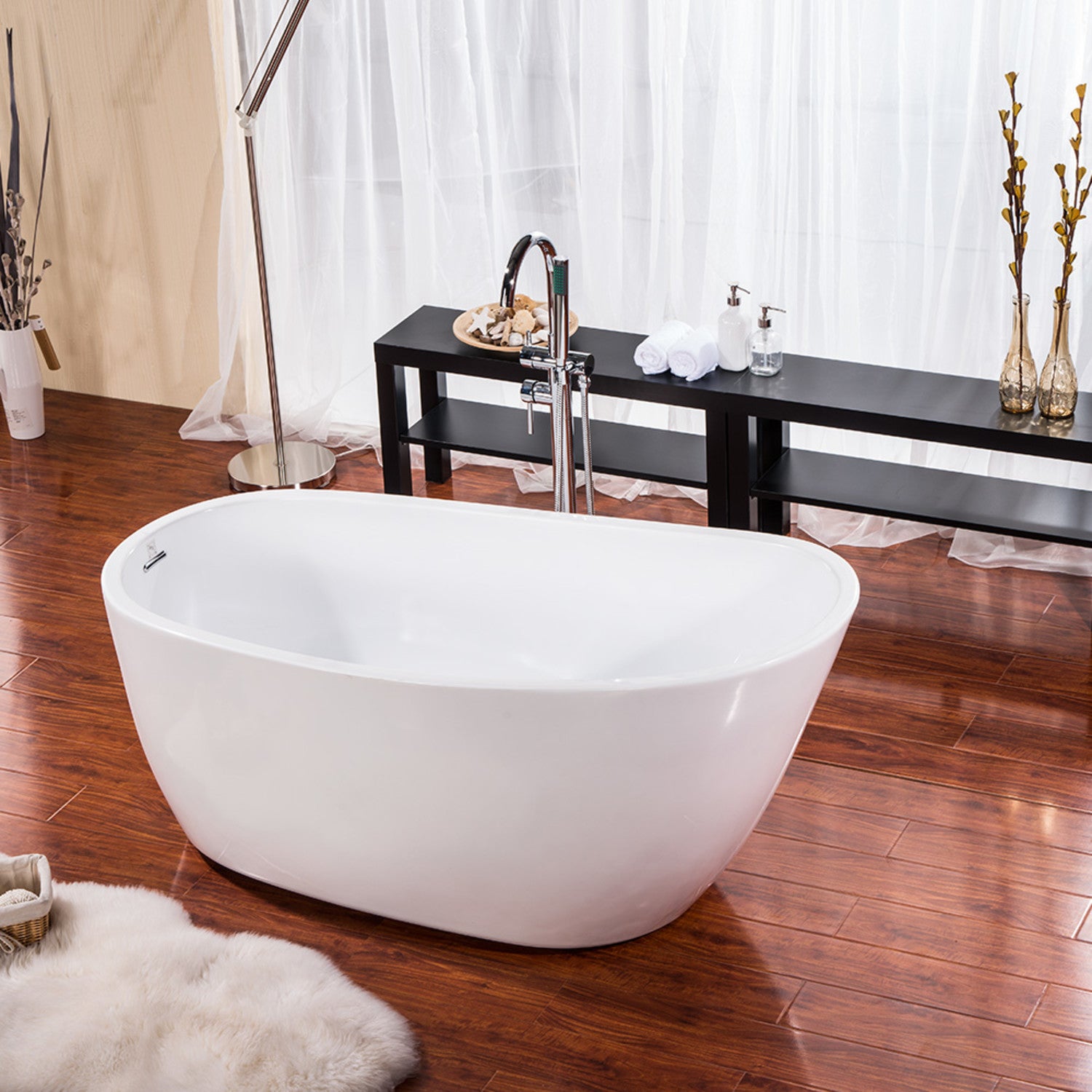 Aqua Eden VTRS592928 59-Inch Glossy White Acrylic Oval Freestanding Bathtub with Drain - Perfect for Luxury Bathrooms & Spa-Like Relaxation