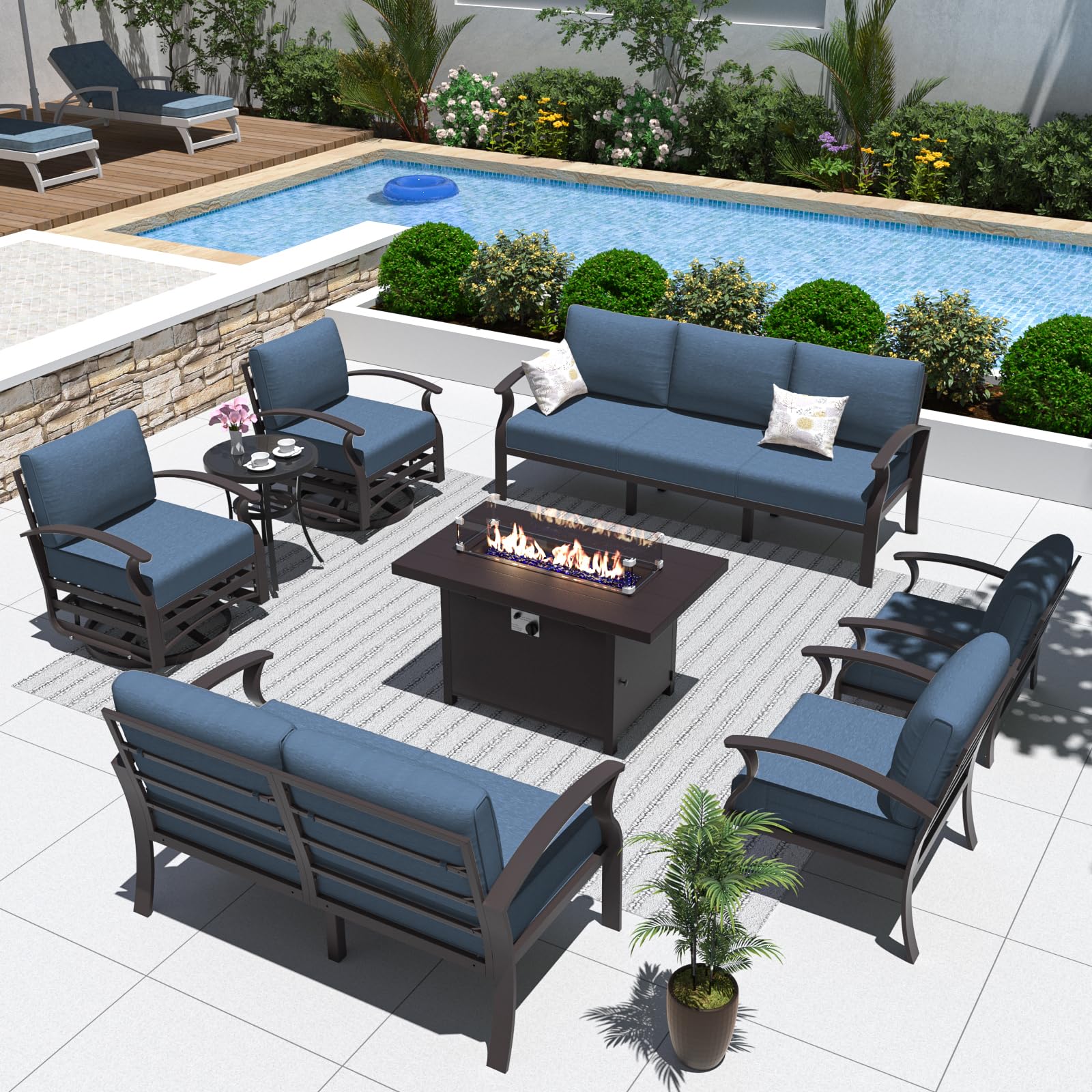 ALAULM 9-Piece Aluminum Outdoor Patio Furniture Set with Propane Fire Pit Table - Dark Blue Metal Sectional Sofa with 5.1