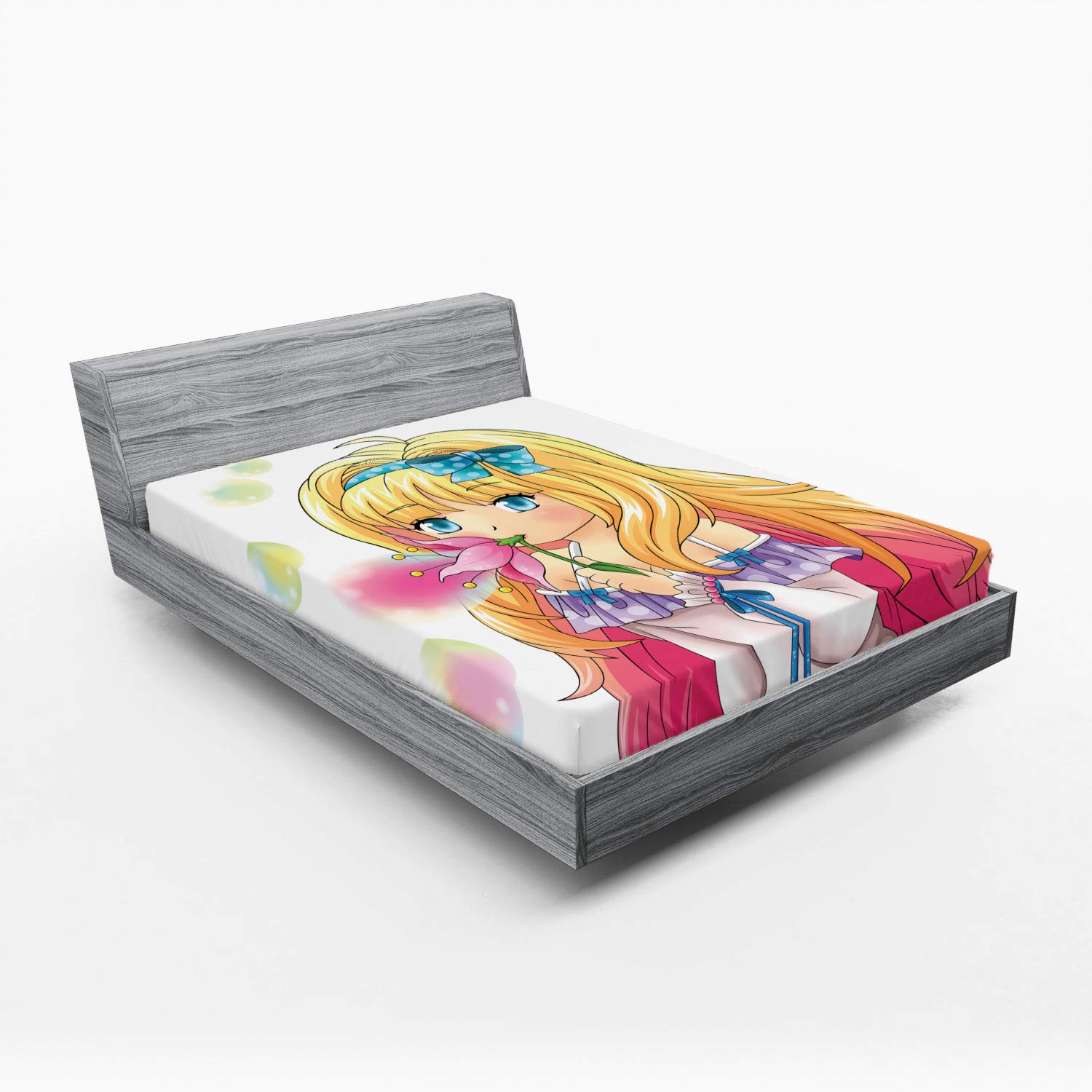 Ambesonne Anime Fitted Sheet - Japanese Manga Girl Blowing Bubbles from Flower Cartoon Art Print, Full Size Deep Pocket Bed Cover with All-Around Elastic (Pink & Yellow) | Perfect for Anime Fans, Themed Bedrooms & Gift Giving