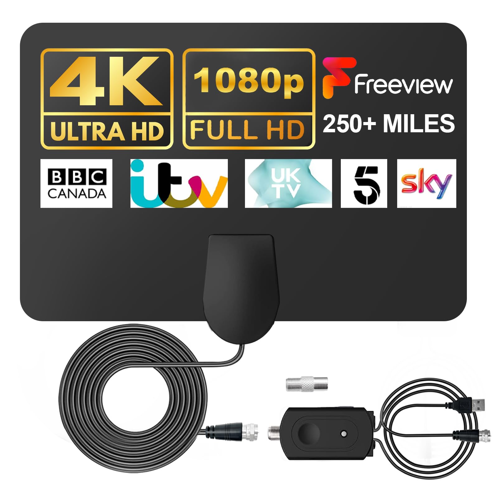 CNMTCCO Indoor TV Antenna - 250+ Miles Long Range Reception, Supports 4K 1080P HDTV Channels for Freeview TV | Includes 13 ft Coax Cable & Signal Booster | Perfect for Home, Apartment, RV & Digital TV Setup