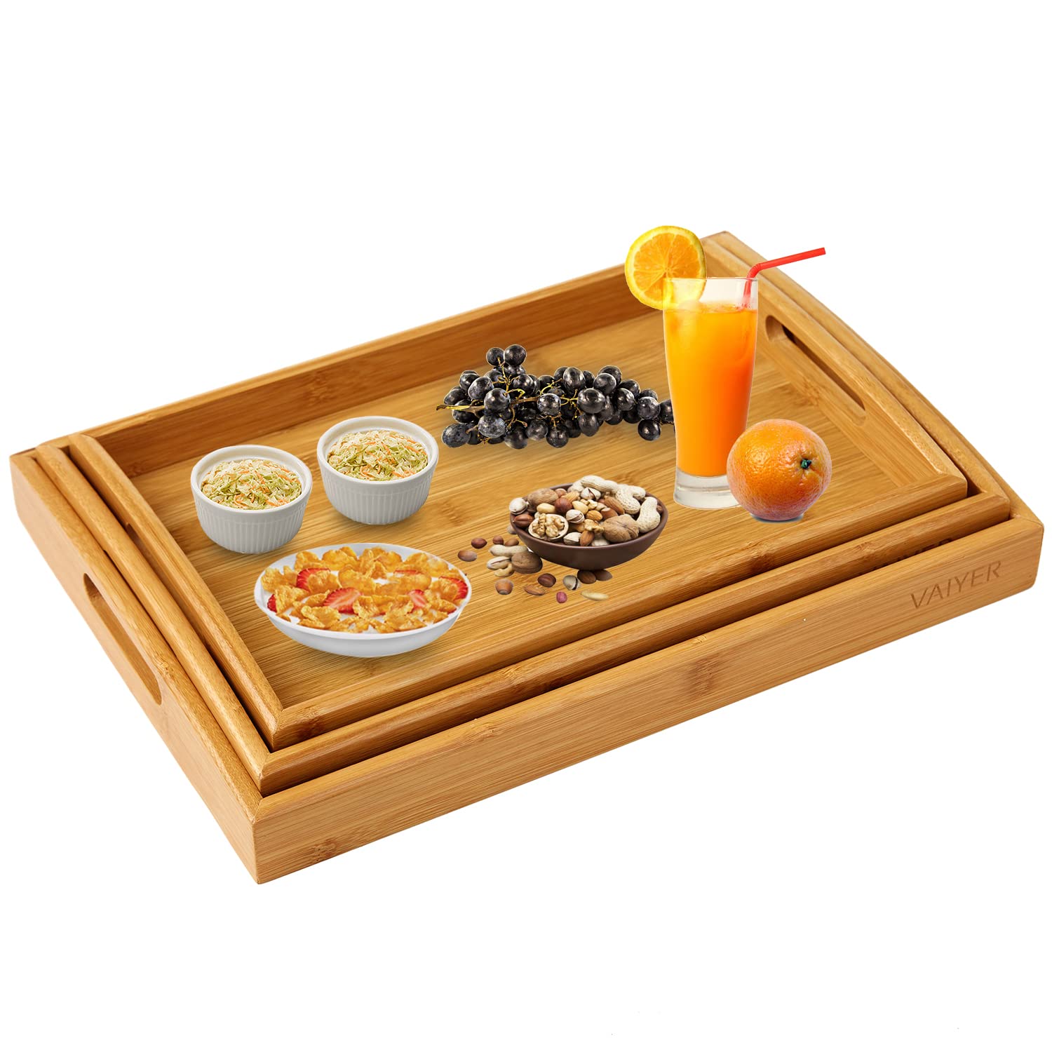 Vaiyer Set of 3 Bamboo Breakfast Serving Trays with Handles - Stackable Nesting Serving Platters for Food, Breakfast, Dinner, Coffee Table - Perfect for Home, Parties, Restaurants & Ottoman Serving