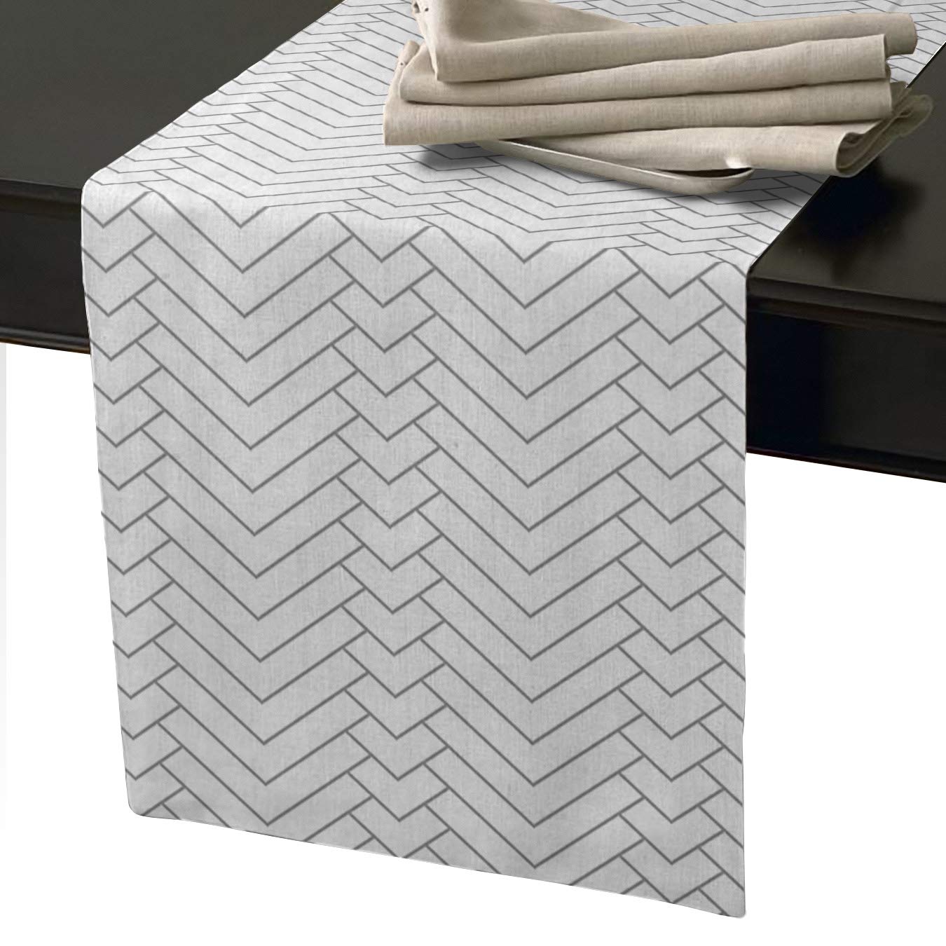 White Striped Cotton Linen Table Runner - Non-Slip Chevron Burlap Rectangle Kitchen Tablecloth (14x72 Inch) for Holiday Dinner Parties, Wedding Decor & Home Dining - Perfect for Farmhouse, Rustic and Boho Style Tablescapes