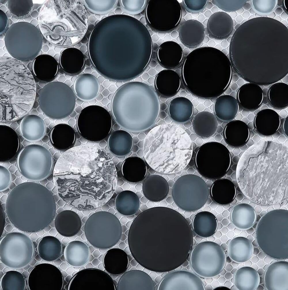Midnight Bardiglio Grey and Black Bubble Round Marble Glass Mosaic Tile - 10 Sheets for Kitchen Backsplash, Bathroom Shower, Accent Wall - Waterproof Peel-and-Stick Wall Decor for Modern Home & Commercial Spaces