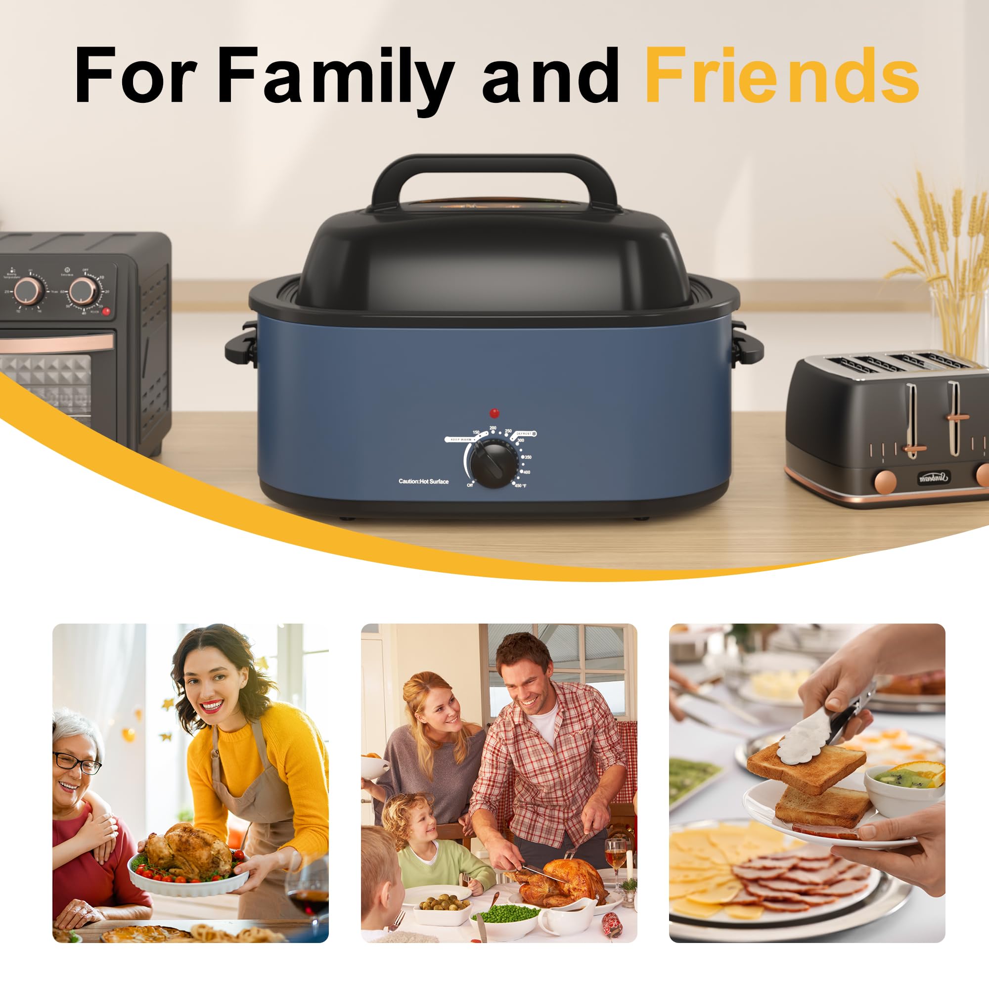Sunvivi 24-Quart Electric Roaster Oven with Viewing Lid - 28lb Capacity Turkey Roaster with Defrost/Warm Function, Removable Pan & Rack - Stainless Steel Blue - Perfect for Thanksgiving, Holiday Cooking & Large Family Gatherings