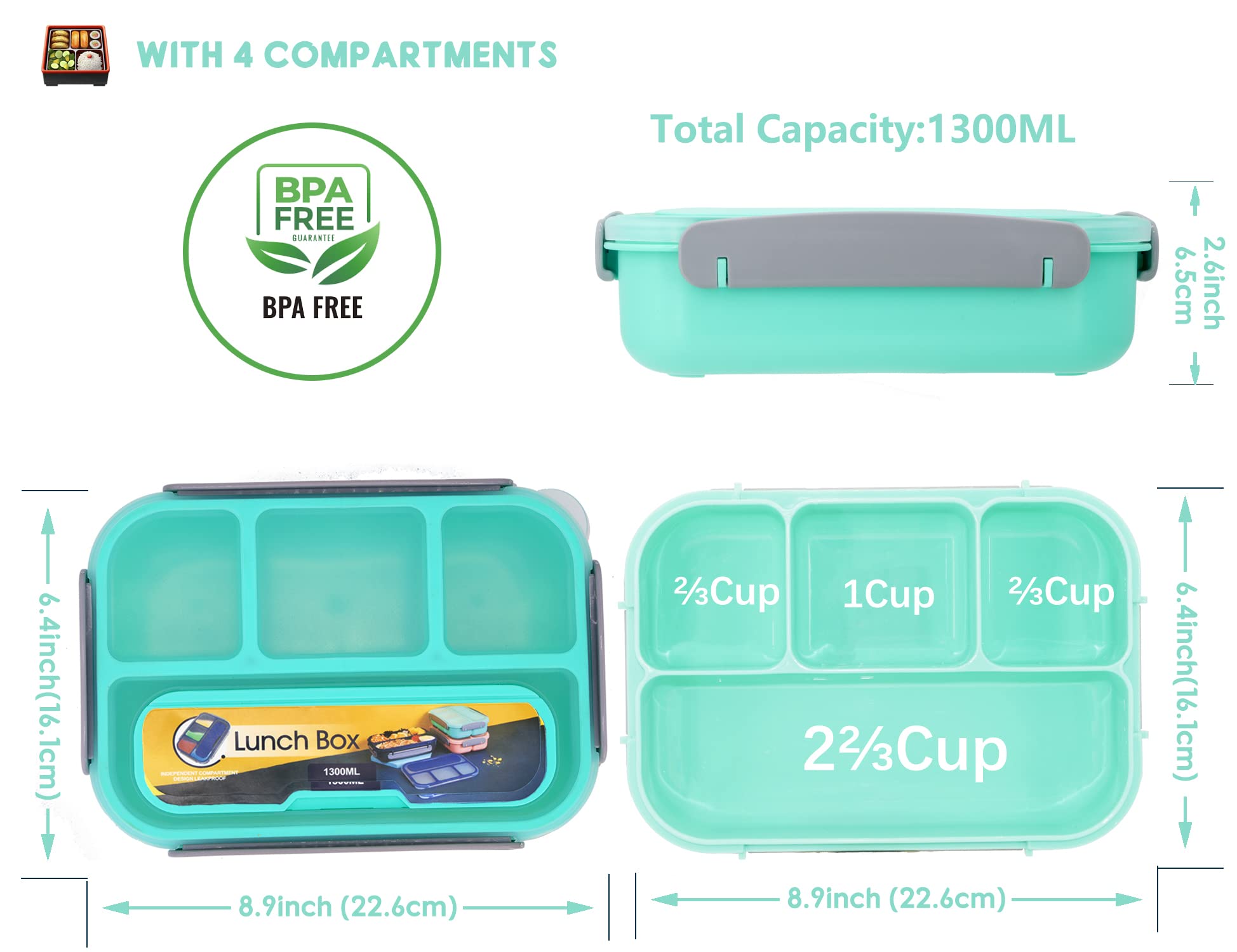 Eco-Friendly 4-Compartment Bento Lunch Box for Kids & Adults - Includes Silicone Food Cups & Fun Food Picks - Leakproof & Easy Clean (Green) - Perfect for School, Office & Picnic Meals