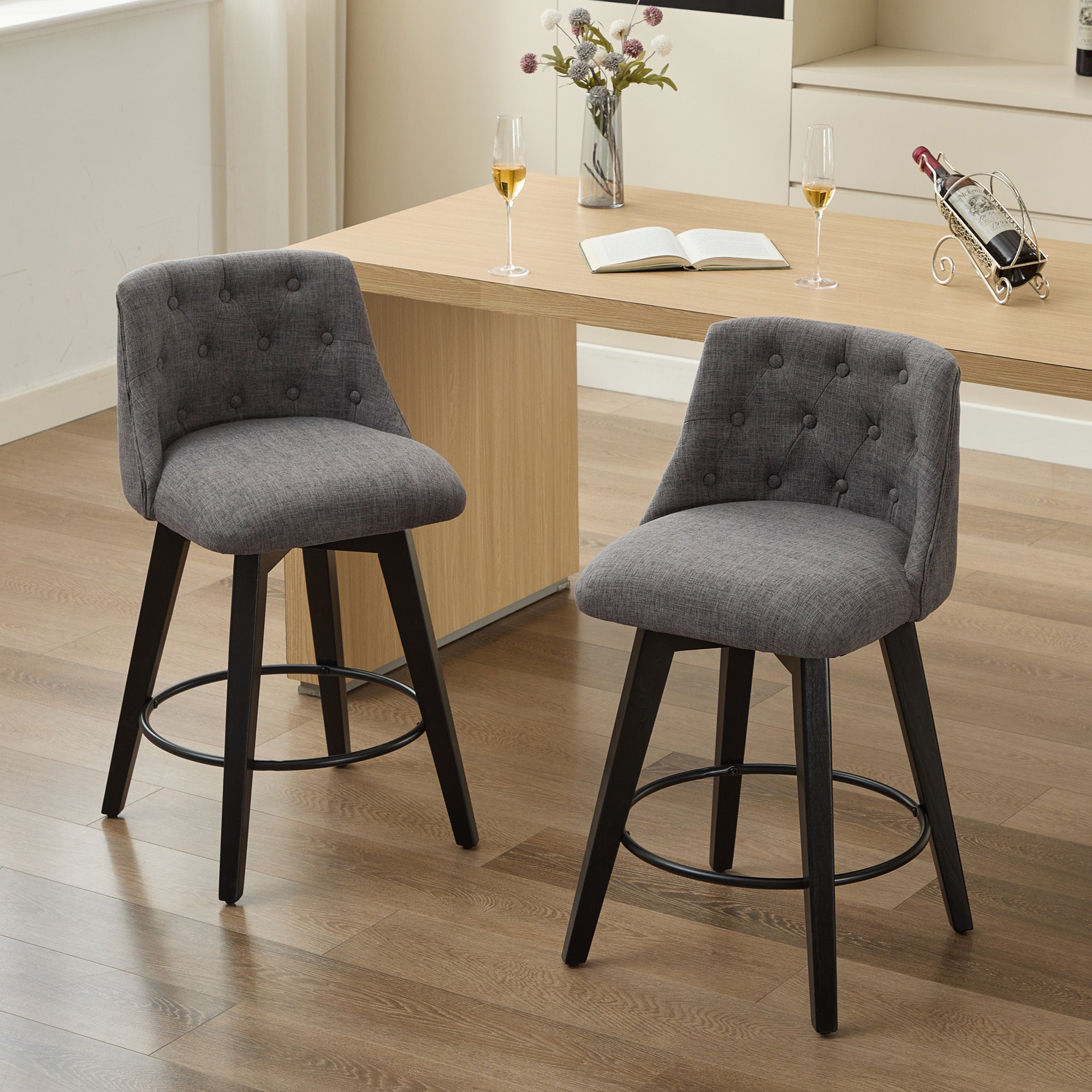 Modern 25' Swivel Bar Stools Set of 2 - Counter Height Stools with Linen Upholstery & Button Tufted Back, Solid Wood Frame for Kitchen Island, Home Bar or Breakfast Nook - Perfect for Entertaining Guests or Casual Dining