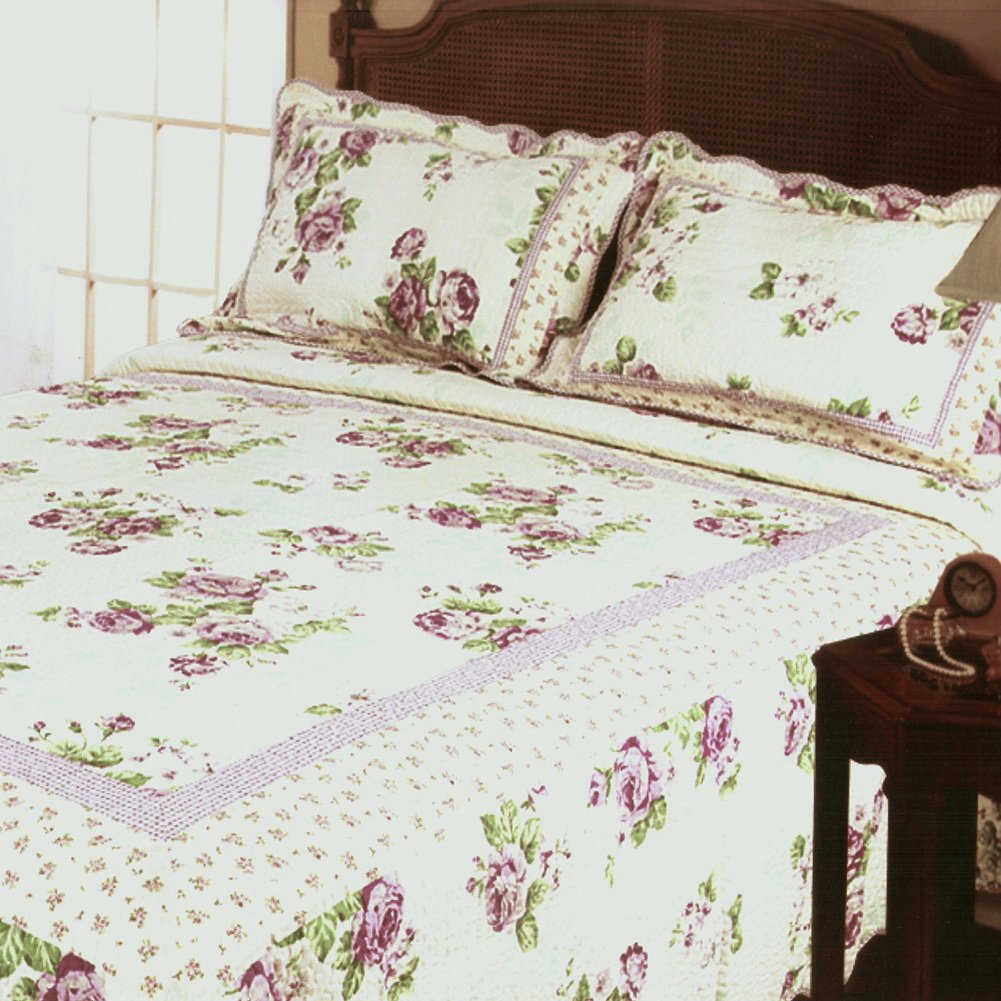 Blancho Bedding Classic Rose 3-Piece Floral Printed Quilt Set - 100% Cotton Quilted Bedspread for Full/Queen Size Bed | Perfect for Master Bedroom, Guest Room & Cozy Farmhouse Decor