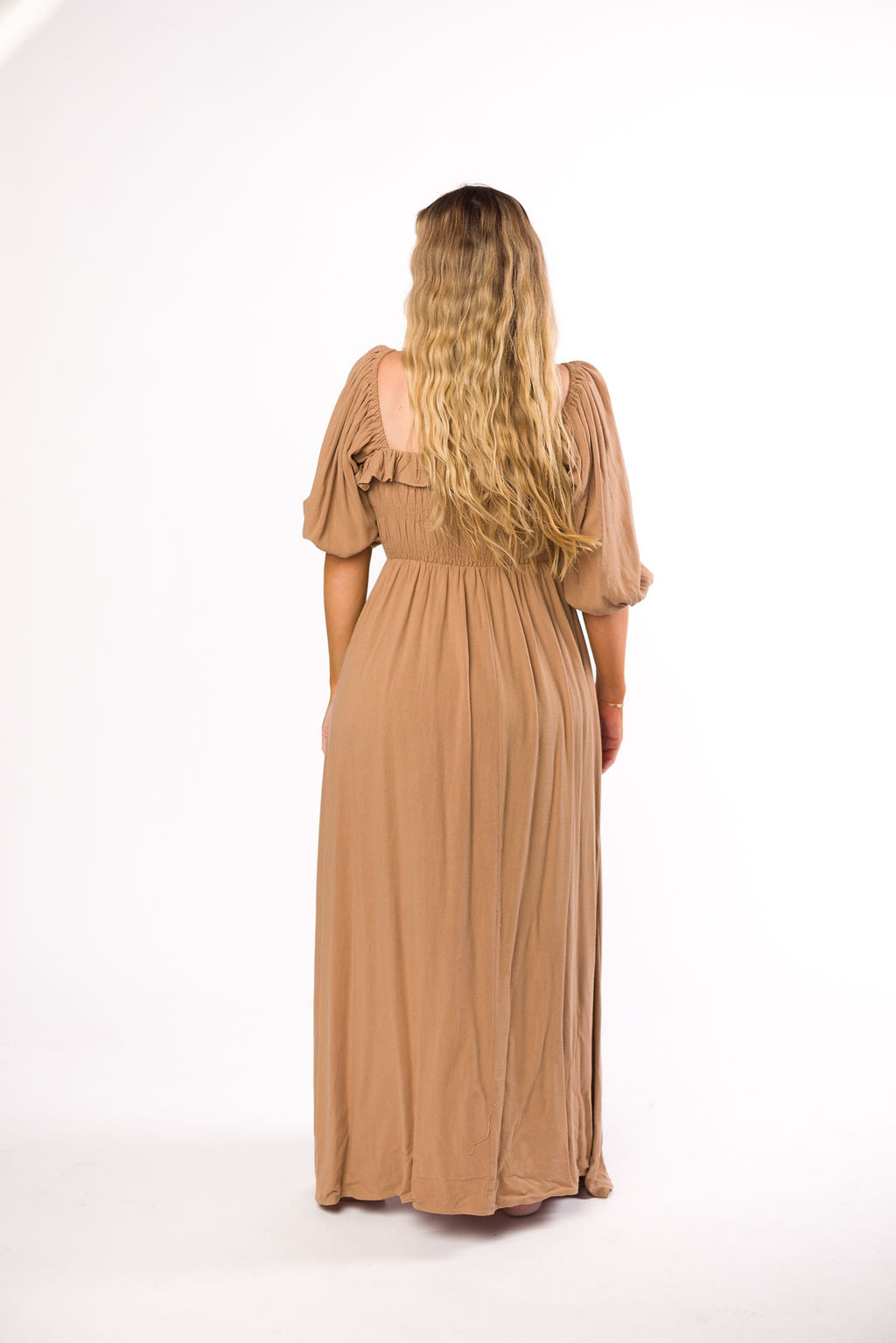 Devon Smocked Maternity Maxi Dress in Taupe - Bump Friendly Flowy Long Dress for Pregnancy, Nursing & Postpartum - Perfect for Baby Showers, Beach Vacations & Date Nights