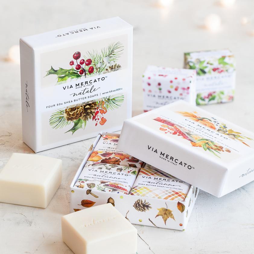 Via Mercato Shea Butter Soap Gift Set - 4 Pack of Natural Moisturizing Soap Bars for Dry Skin - Perfect for Gifts, Self-Care & Spa Day at Home