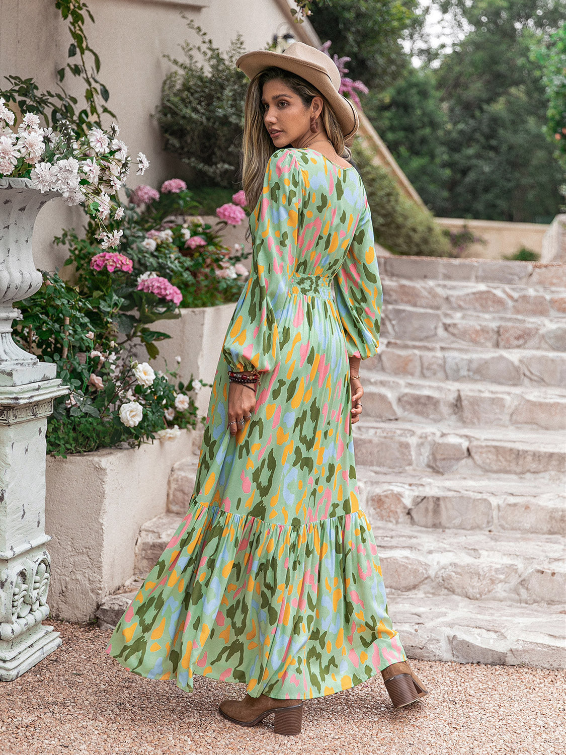 Elegant Printed Tie Neck Long Sleeve Maxi Dress for Women - Perfect for Weddings, Parties & Special Occasions