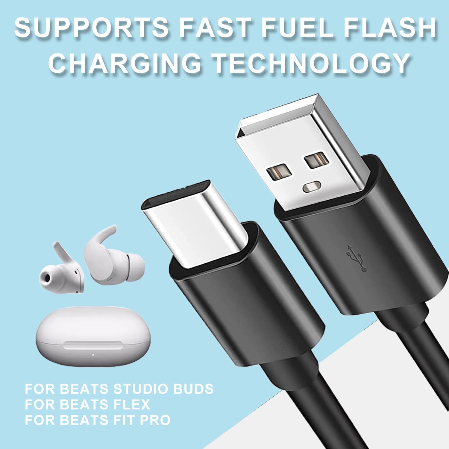 Aiivioll USB C to USB A Fast Charging Cable for Beats Fit Pro/Flex/Solo/Studio Buds/Solo 4/Studio Pro Headphones - 0.5m Black Replacement Cable - Perfect for Travel, Home & Office Charging