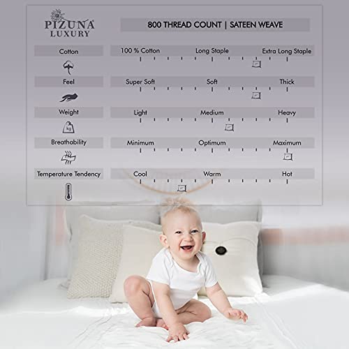 Pizuna Pure 100% Cotton Queen Size Sheets - 800 Thread Count Long Staple Cotton Sateen Bedding Set with 15