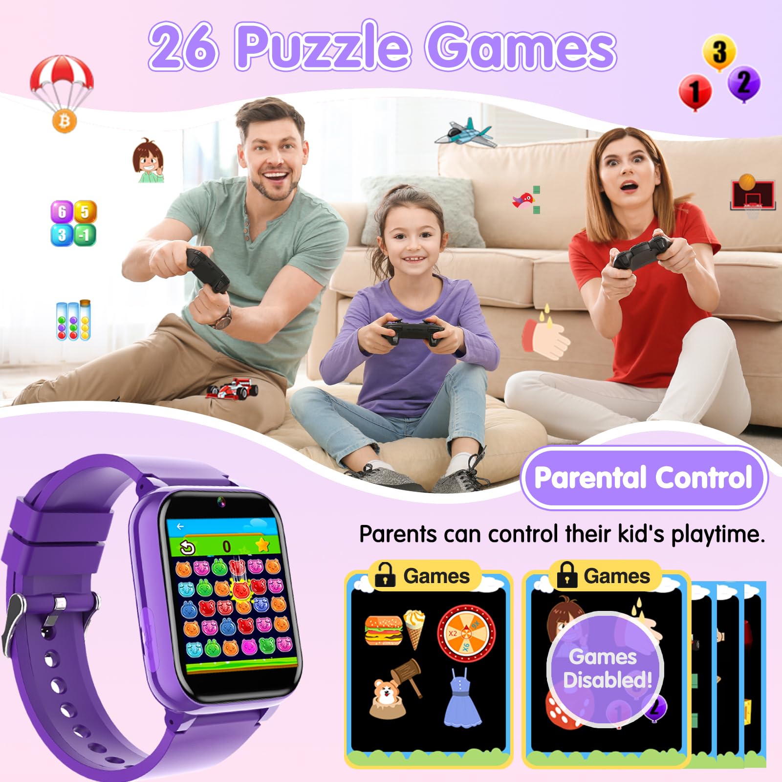 Kids Smart Watch with 26 Games, Camera, Music Player & Audiobooks - Waterproof GPS Tracker for Boys & Girls Ages 3-12 (Purple) | Perfect for Outdoor Play, Learning & Parental Monitoring
