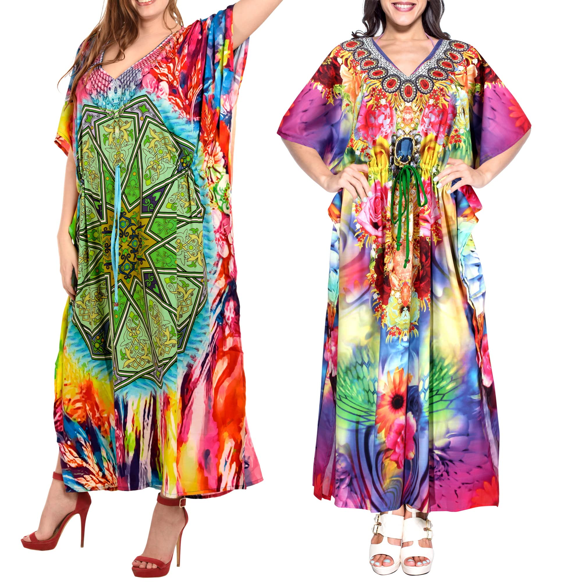 LA LEELA Women's Loose Caftan Long Nightwear Boho Dress - Plus Size 2X-3X Green Multicolored Muumuu Nightgown for Beach Cover Up, Lounge Wear & Sleepwear