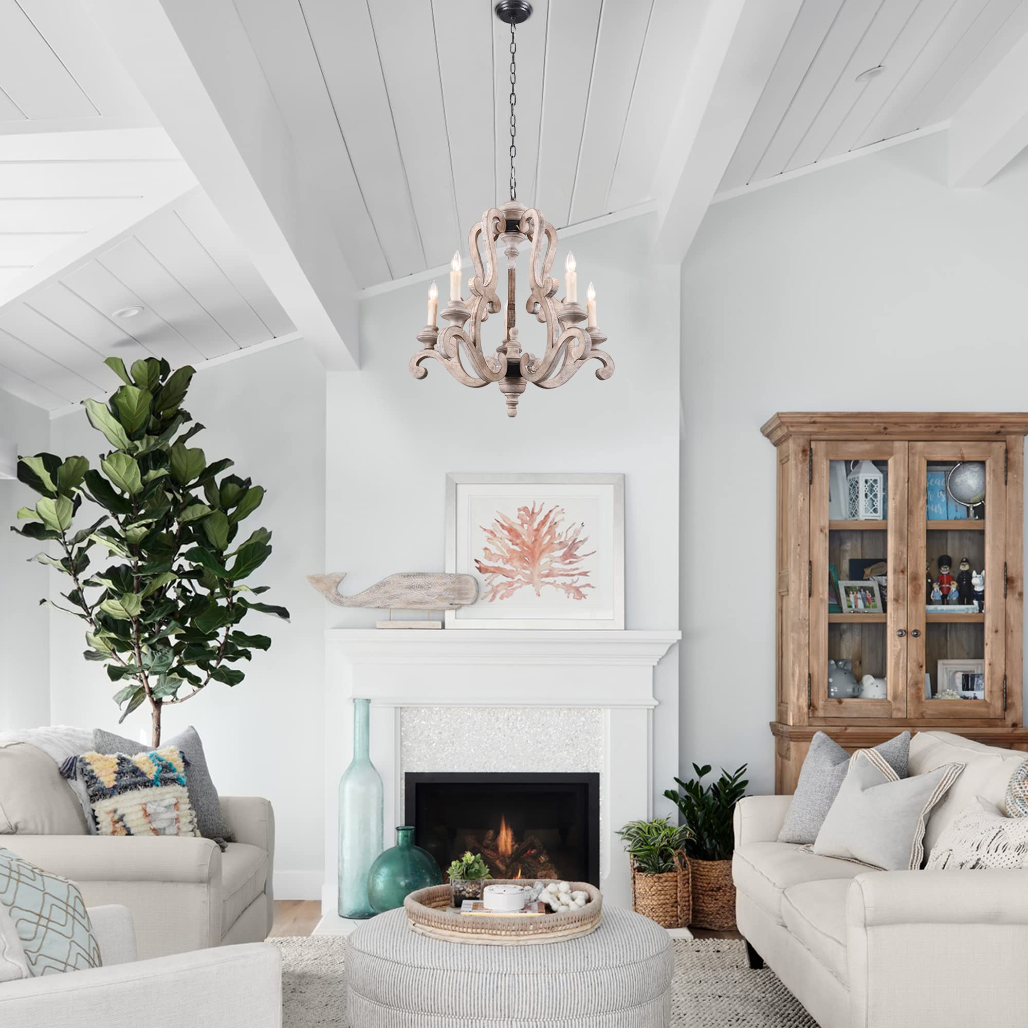5-Light Farmhouse Chandelier - Rustic Wood Ceiling Light Fixture for Dining Room, Kitchen, Living Room, Bedroom, Entryway & Staircase - Weathered Finish - Perfect for Cozy Home Decor & Farmhouse Style Interiors