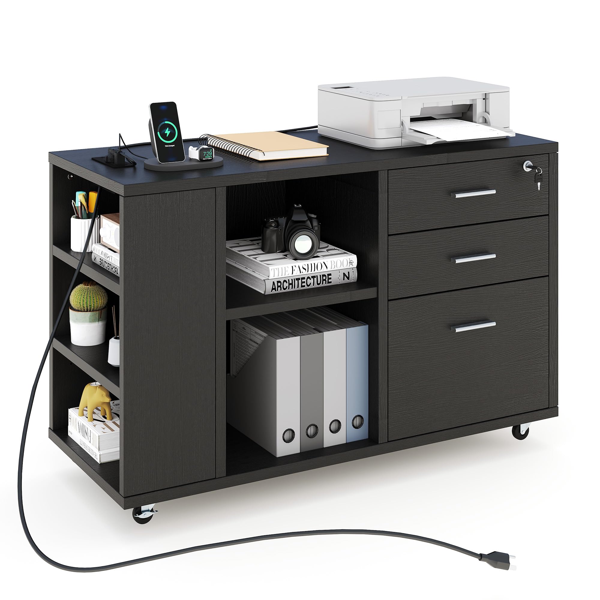 YITAHOME Black File Cabinet with USB Charging Station - Mobile Lateral Filing Cabinet with Lock for Home Office, Printer Stand with Open Storage Shelf - Perfect for Home Office Organization & Workspace Storage
