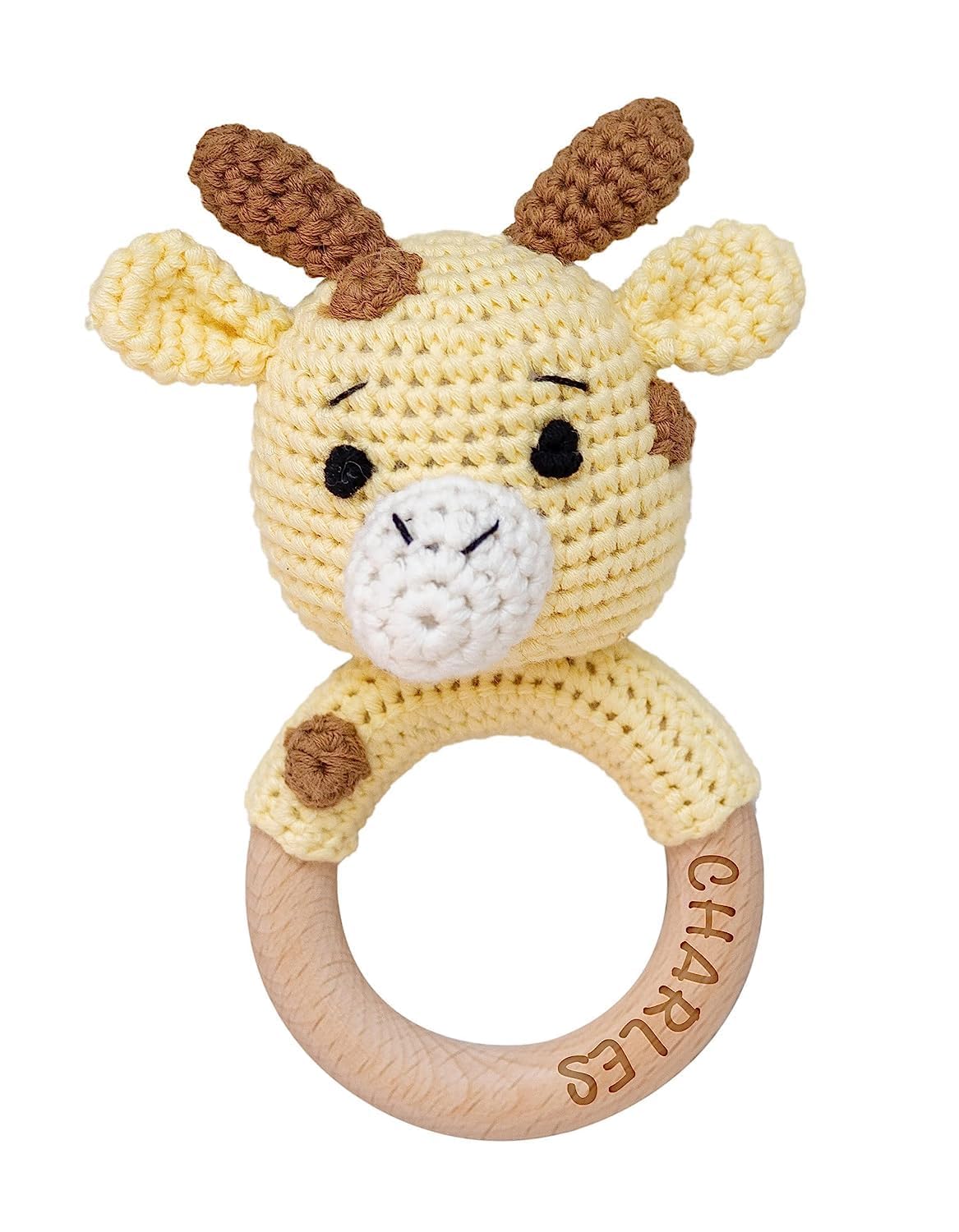 Personalized Crochet Giraffe Baby Rattle with Wooden Teether Ring - Custom Name Engraved | Gender Neutral Newborn Gift for Baby Boy or Girl | Perfect Baby Shower Present with Free Gift Bag | Great for Nursery Decor, First Birthday, and Memory Keepsakes