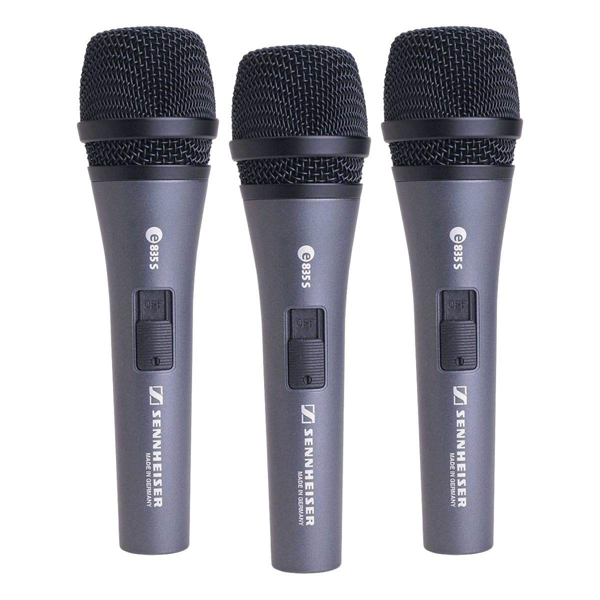 Sennheiser E 835-S Dynamic Vocal Microphone with On/Off Switch - Professional Cardioid Mic for Live Performances, Studio Recording, Karaoke (3-Pack, Black) - Perfect for Singers, Podcasters & Public Speakers