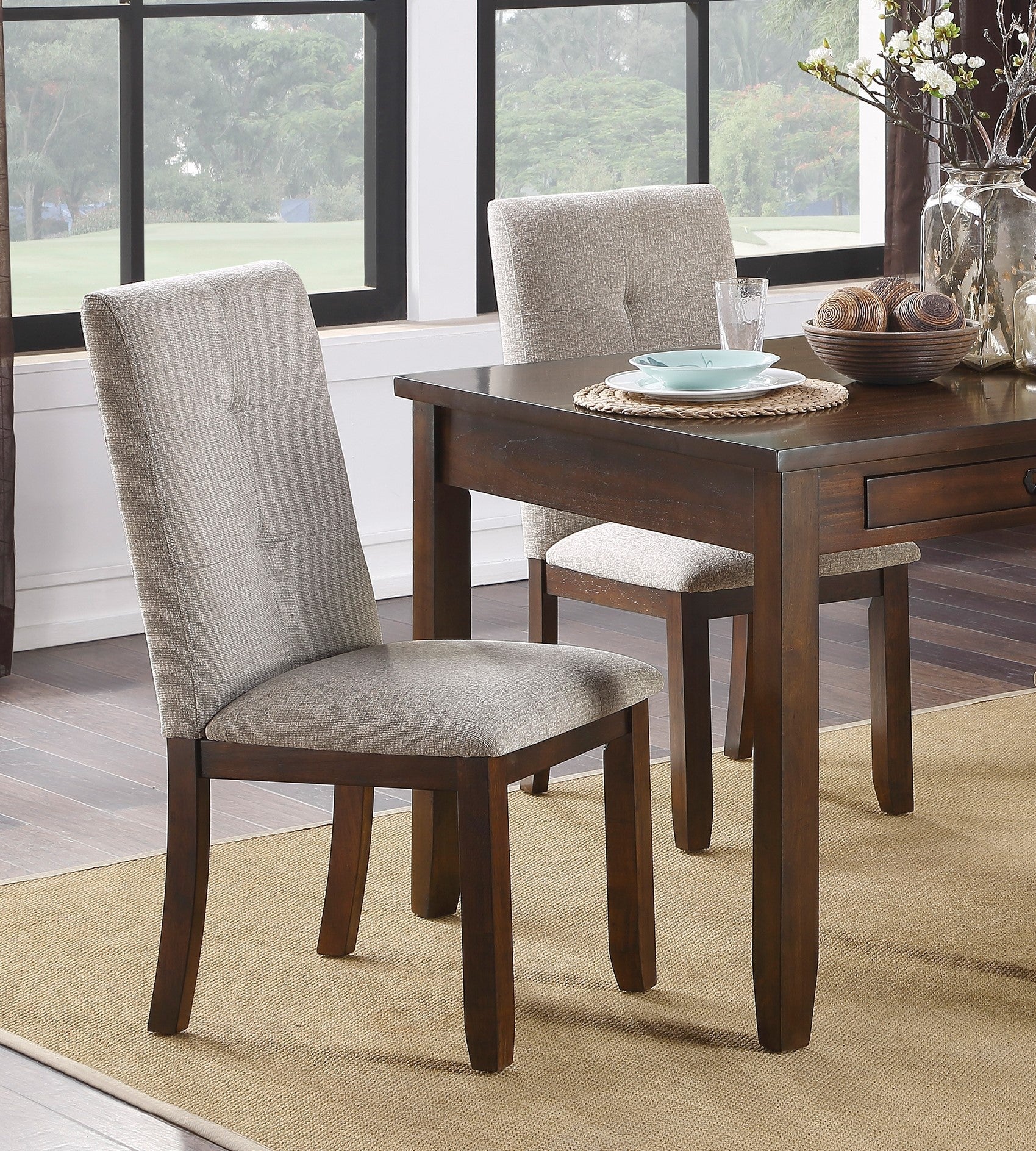 Dark Cherry Finish Chenille Upholstered Dining Chairs Set of 2 - Tufted Back Wood Frame Kitchen Chairs for Dining Room & Breakfast Nook