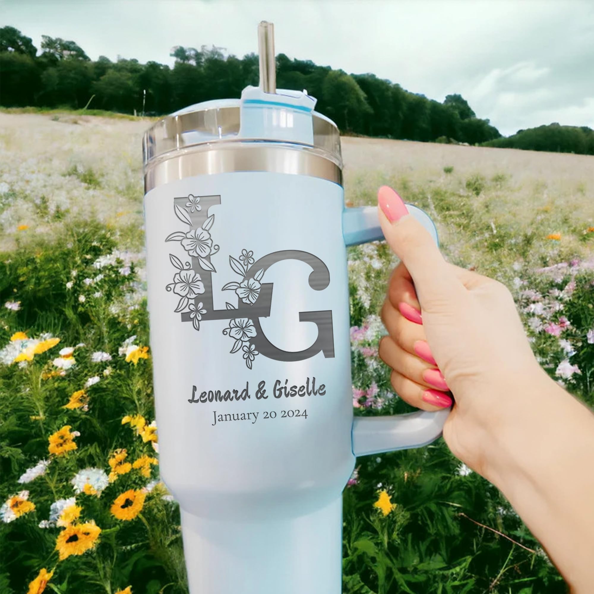 Personalized Floral Initial Split Monogram Tumbler 40 oz - Laser Engraved Insulated Cup with Handle, Lid & Straw - Valentine's Day, Birthday Gift for Her - Perfect for Coffee, Iced Tea & Daily Hydration