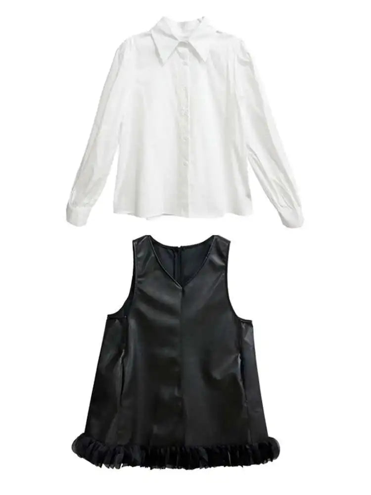Black Leather Mesh Dress Shirt & Suit Set for Women - Fashionable Two-Piece Lapel Long Sleeve Outfit for Spring & Fall 2025 (Style 1DH9256) | Perfect for Office Wear, Evening Events & Special Occasions