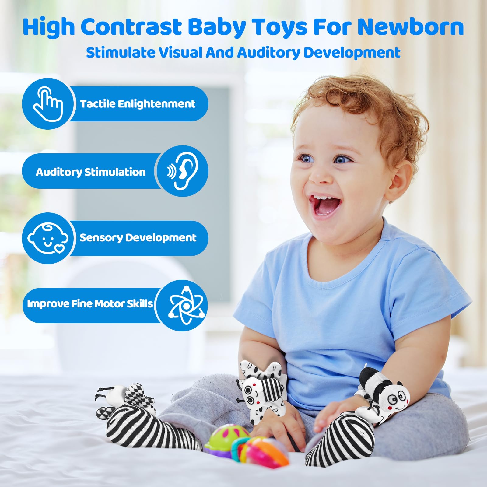 High Contrast Baby Rattle Socks & Wrist Toys 0-12 Months - Black and White Newborn Toys for Brain Development (0-6 Months) - Perfect Infant Sensory Toys for Baby Boys & Girls - Ideal for Tummy Time, Early Learning & Baby Shower Gifts