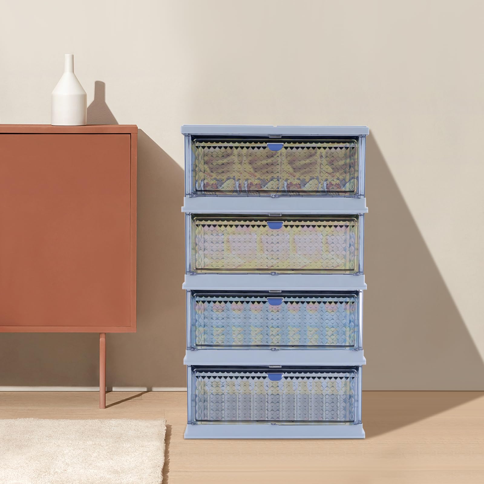 Foldable Storage Cabinet with Magnetic Doors - 4-Tier Closet Organizer for Home, Office, Dorm & Party - Space Saving Foldable Storage Bins for Bedroom, Living Room & Laundry Room (Blue)